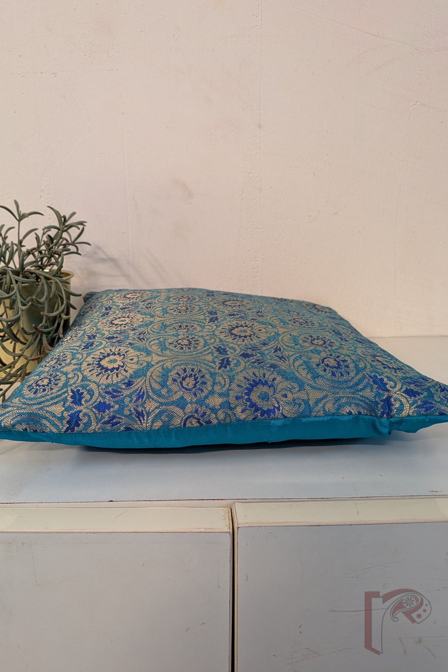 Cozy Cushion - Blue, Cobalt & Purplish Banarasi Weave Raw Silk Cushion Cover 12" x 12" - Image 5