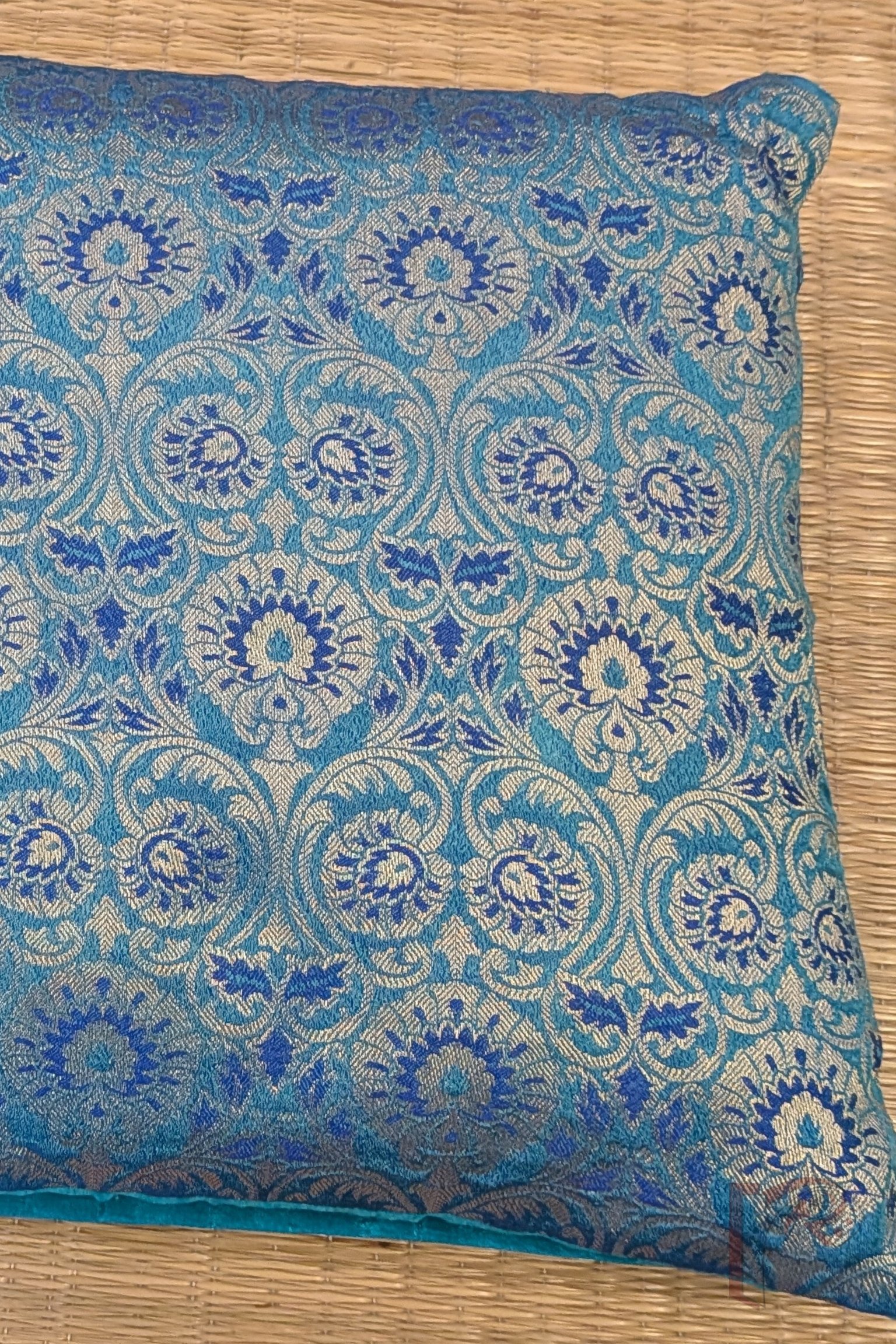 Cozy Cushion - Blue, Cobalt & Purplish Banarasi Weave Raw Silk Cushion Cover 12" x 12" - Image 6