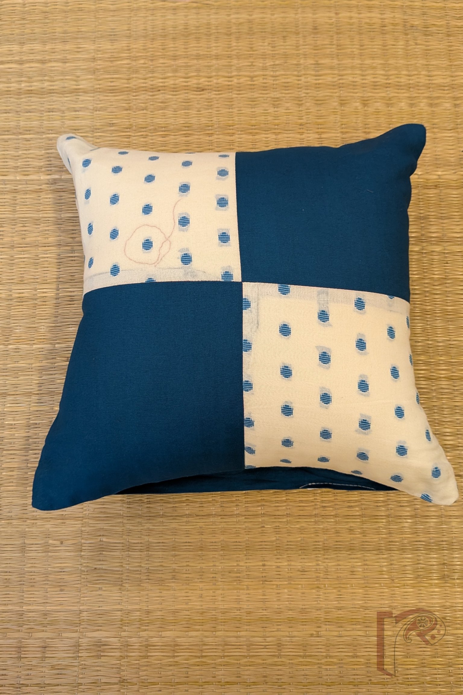 Cozy Cushion: White and Copper Blue Handloom Patchwork Cotton Cushion Cover 12" x 12" - Image 2