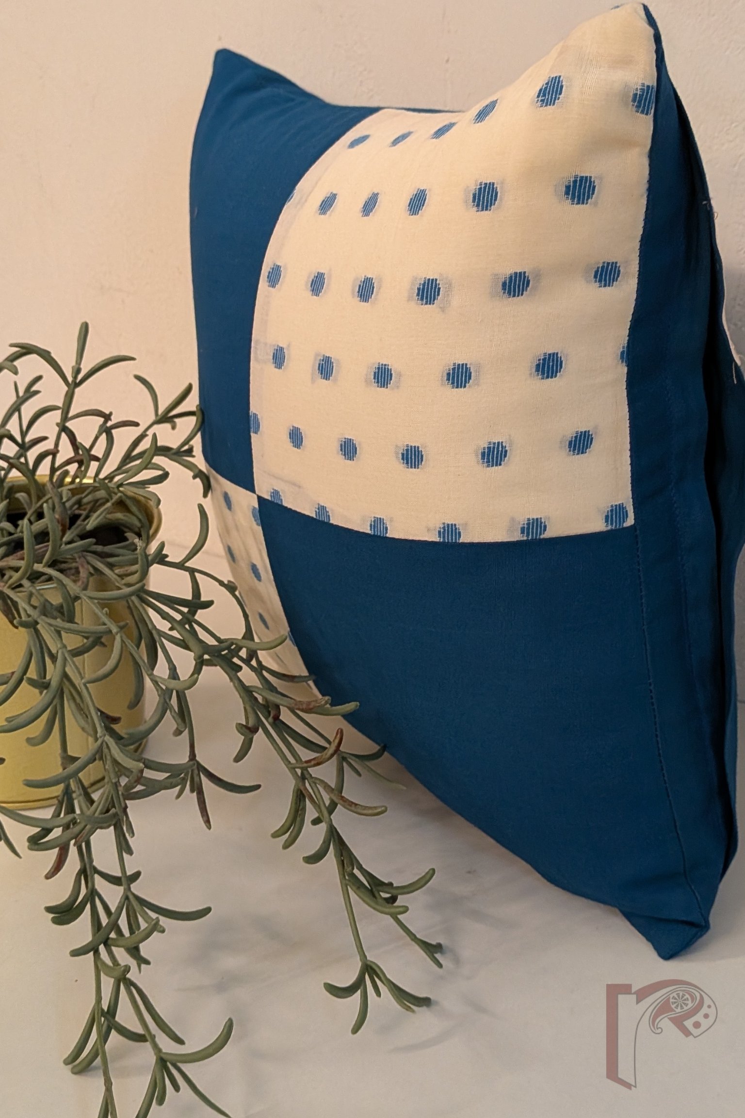 Cozy Cushion: White and Copper Blue Handloom Patchwork Cotton Cushion Cover 12" x 12" - Image 3