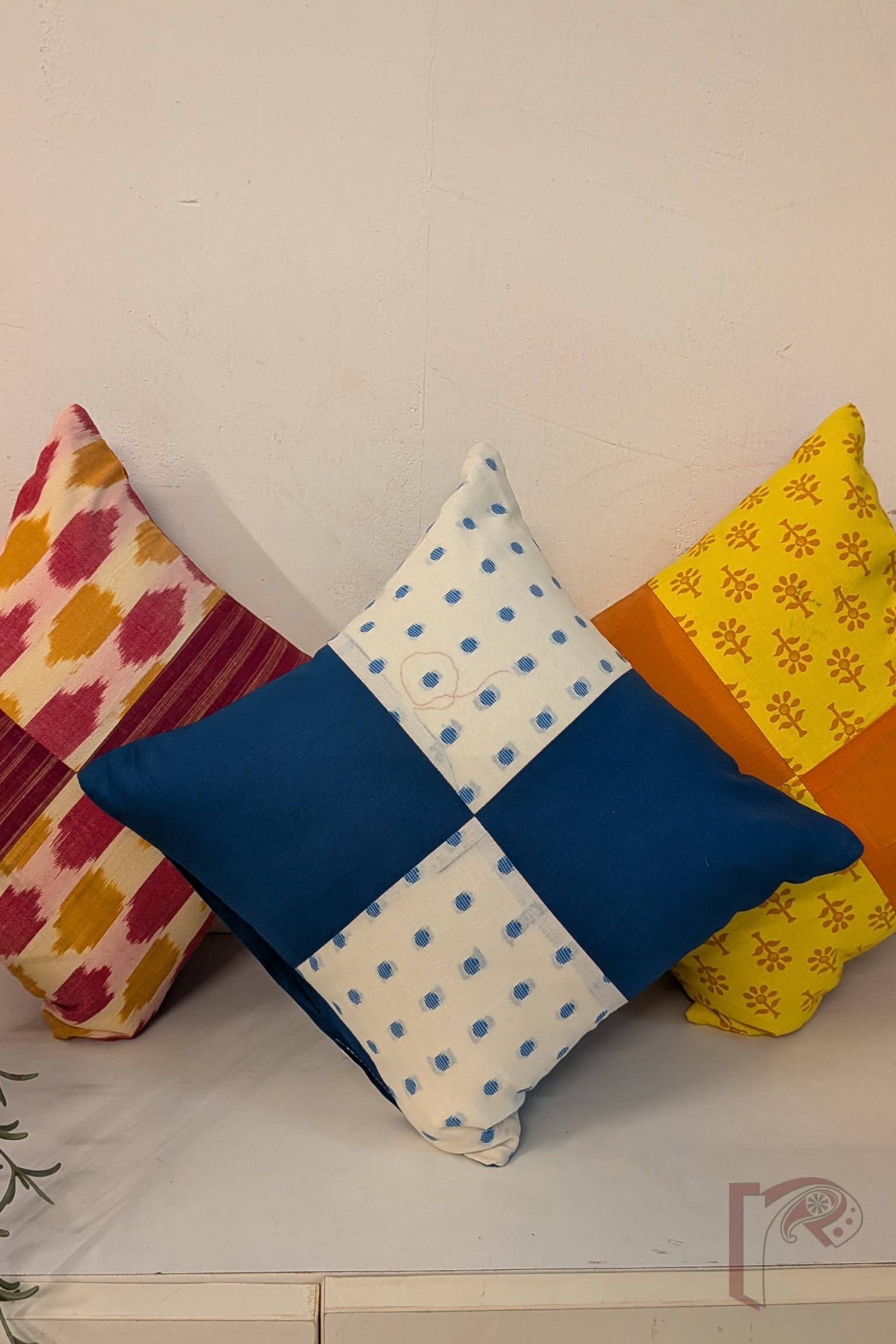 Cozy Cushion: White and Copper Blue Handloom Patchwork Cotton Cushion Cover 12" x 12" - Image 4