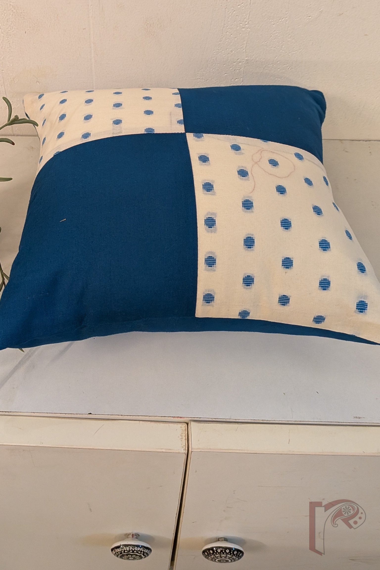 Cozy Cushion: White and Copper Blue Handloom Patchwork Cotton Cushion Cover 12" x 12" - Image 5