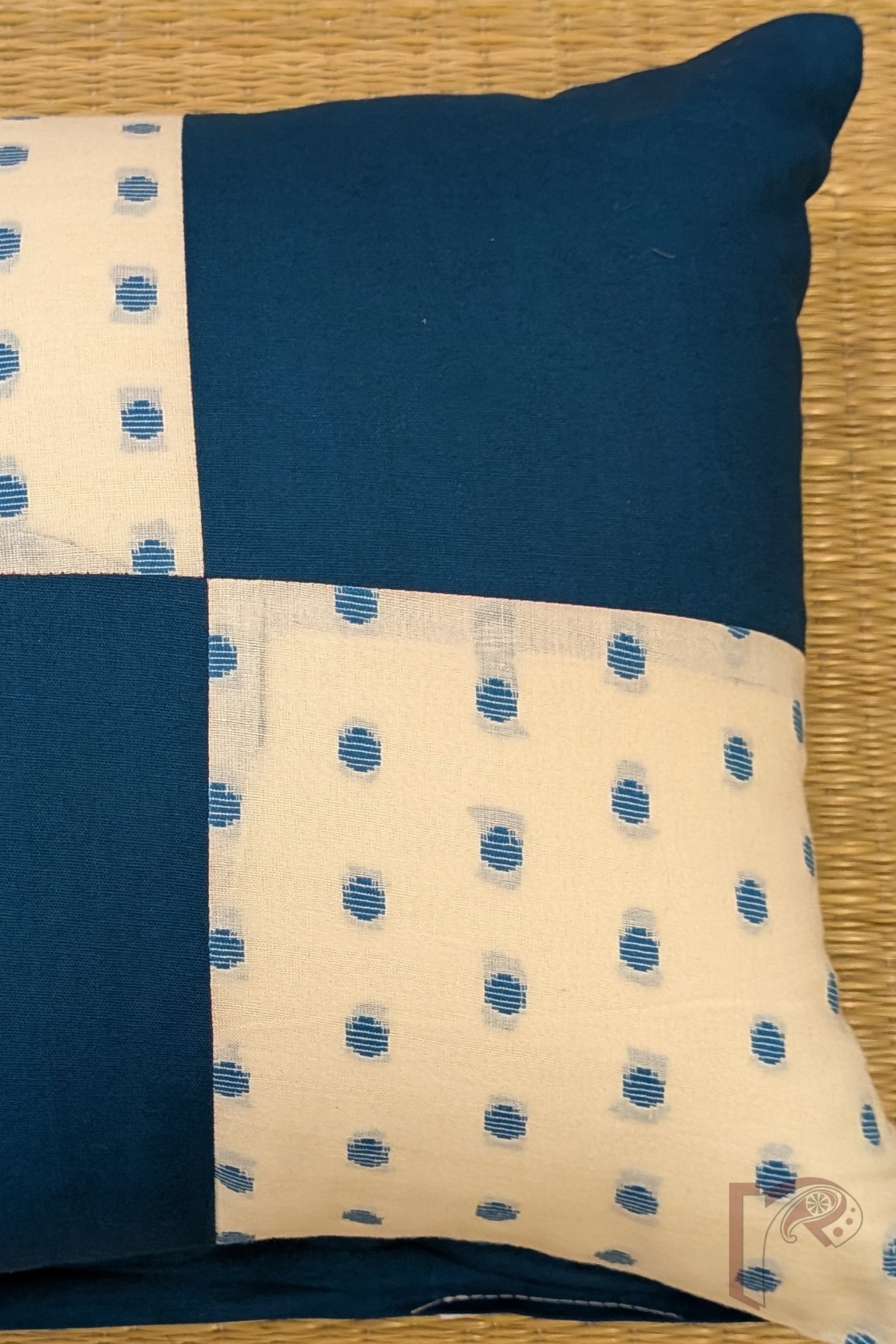 Cozy Cushion: White and Copper Blue Handloom Patchwork Cotton Cushion Cover 12" x 12" - Image 6