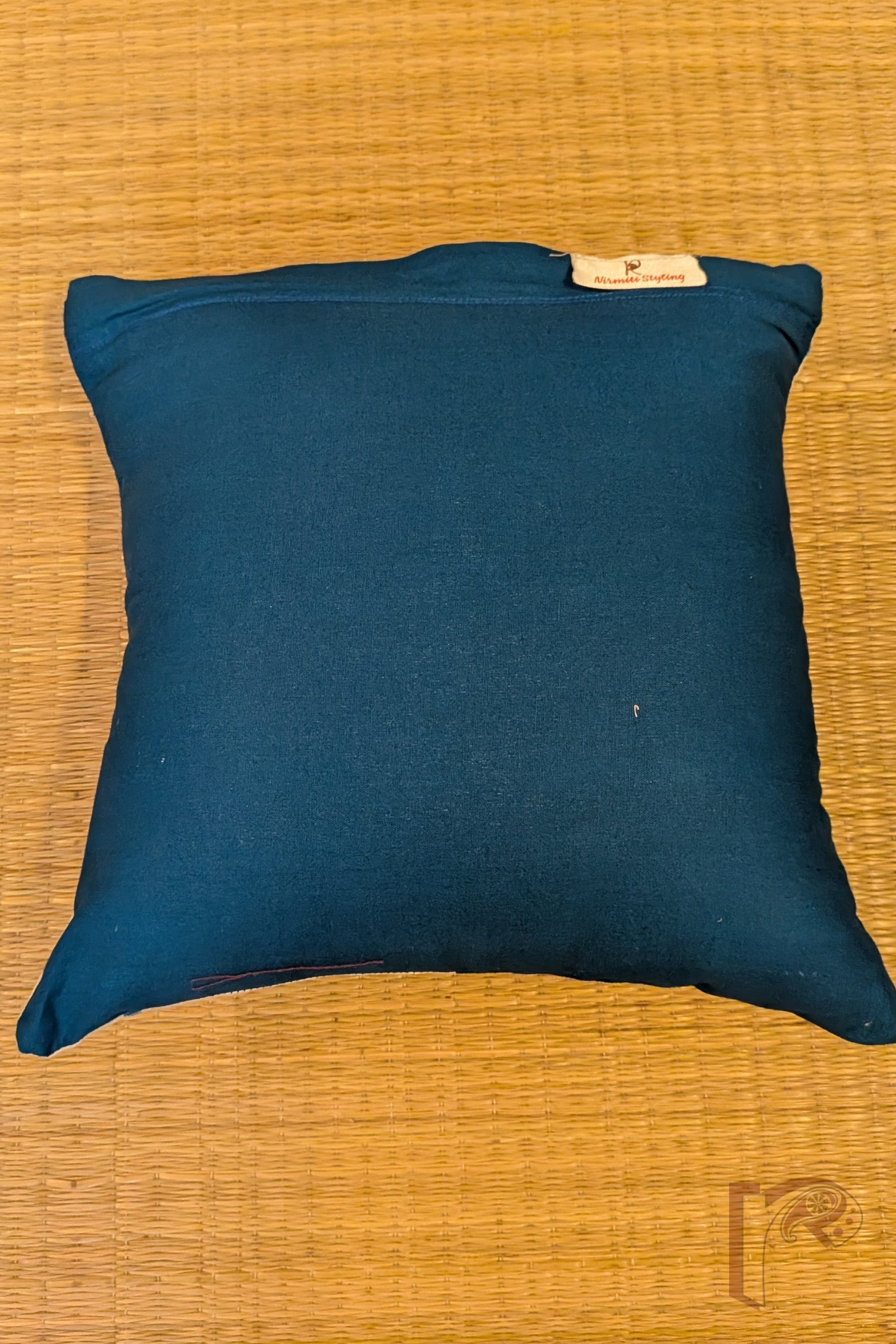 Cozy Cushion: White and Copper Blue Handloom Patchwork Cotton Cushion Cover 12" x 12" - Image 7