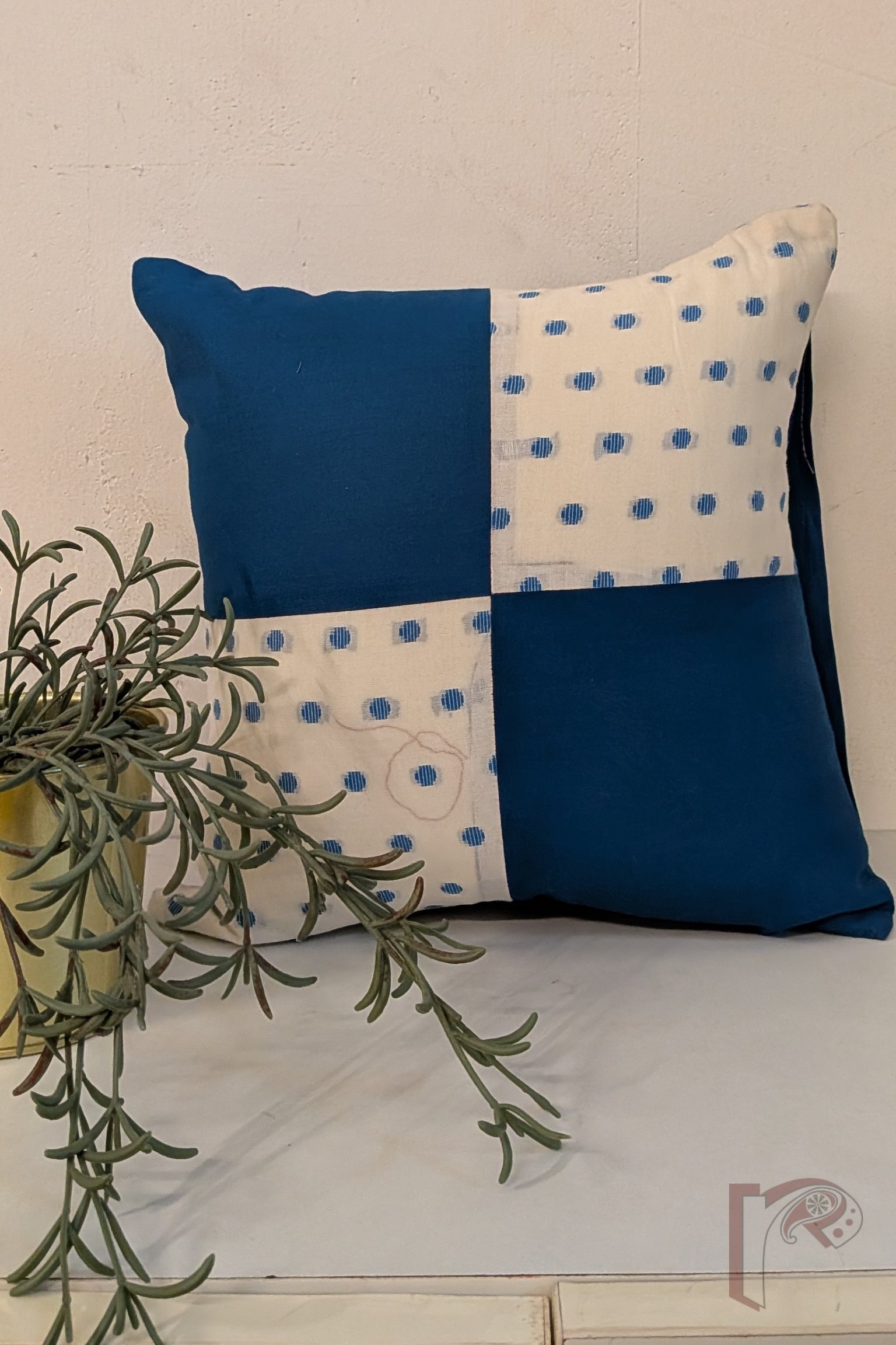 Cozy Cushion: White and Copper Blue Handloom Patchwork Cotton Cushion Cover 12" x 12"