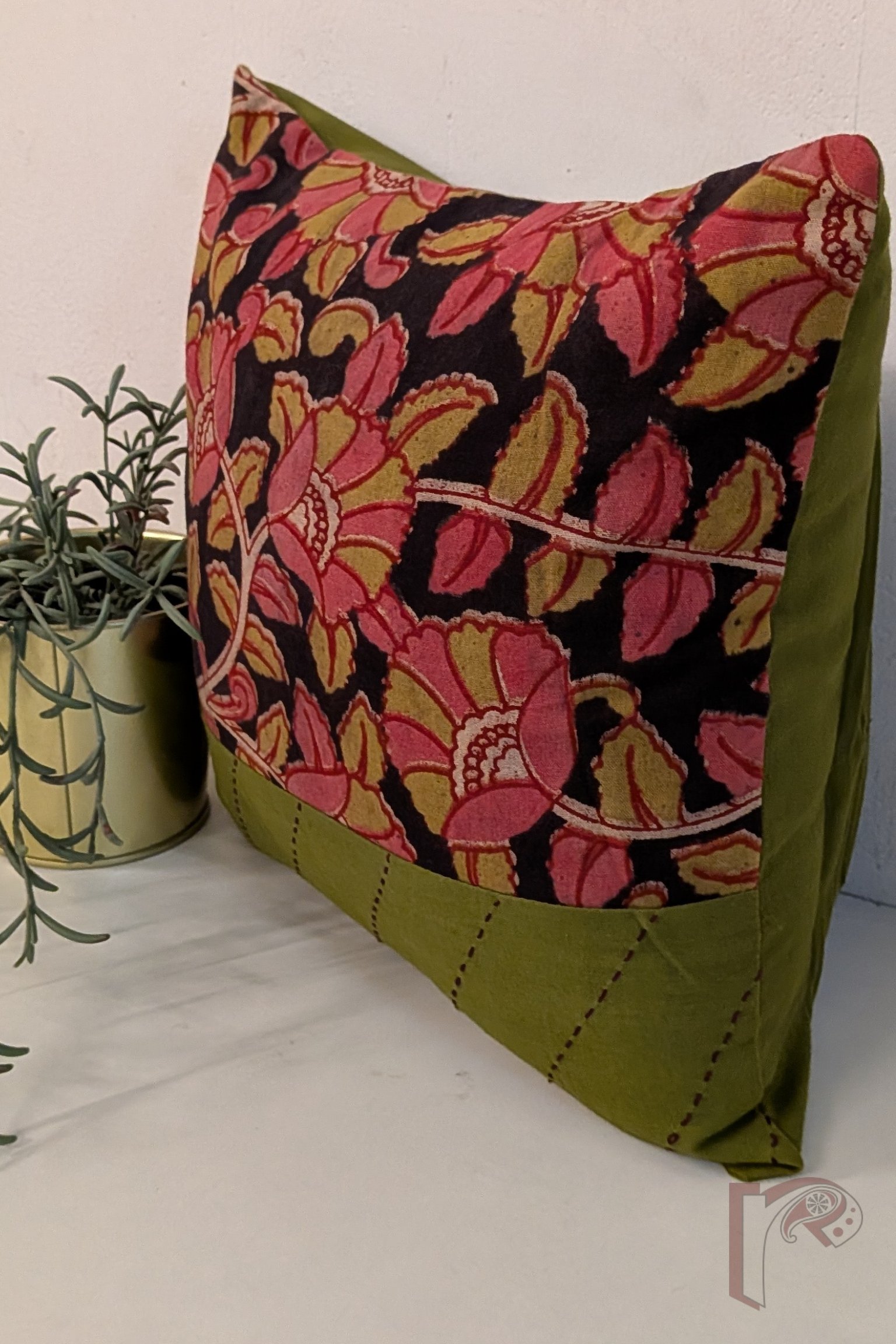 Cozy Cushion: Black Kalamkari Floral and Green Kantha Cotton Cushion Cover 12" x 12" - Image 3