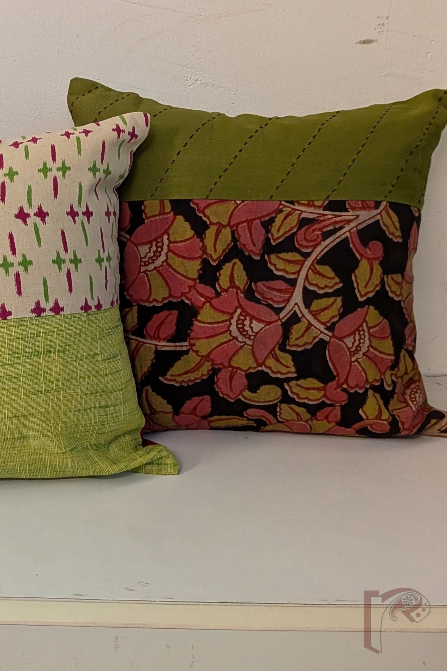 Cozy Cushion: Black Kalamkari Floral and Green Kantha Cotton Cushion Cover 12" x 12" - Image 4