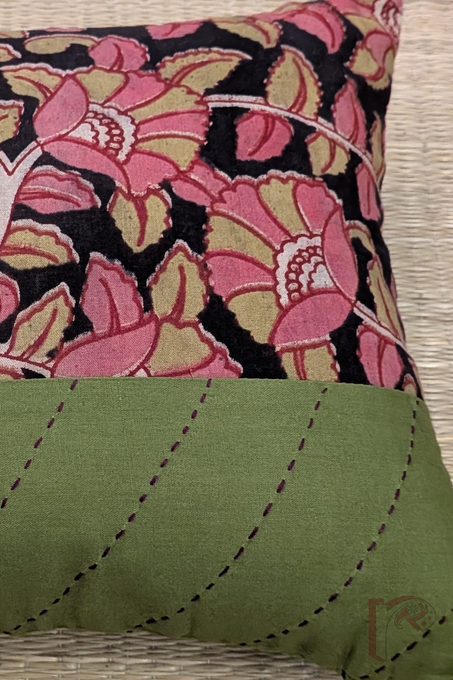 Cozy Cushion: Black Kalamkari Floral and Green Kantha Cotton Cushion Cover 12" x 12" - Image 6