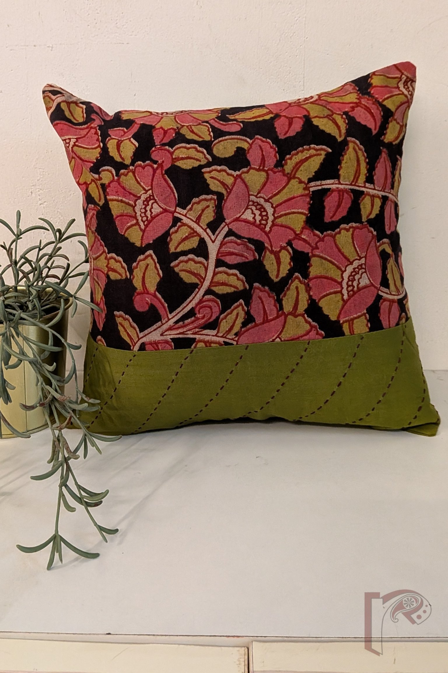 Cozy Cushion: Black Kalamkari Floral and Green Kantha Cotton Cushion Cover 12" x 12"