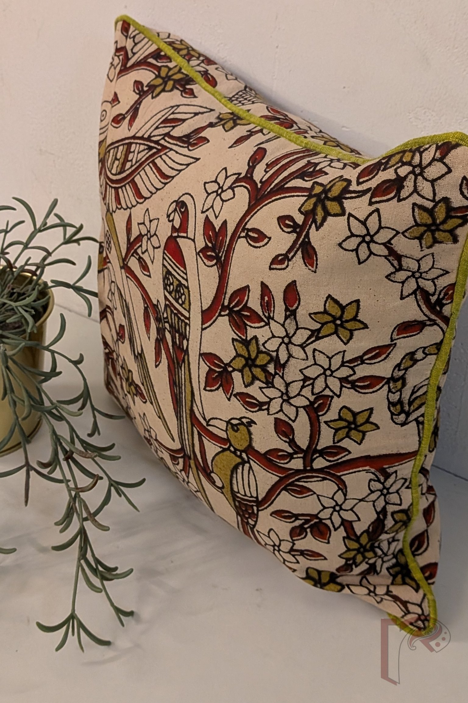Cozy Cushion: Cream Kalamkari Bird Print with Maroon and Mehendi Green Detailing Cotton Cushion Cover 12" x 12" - Image 3