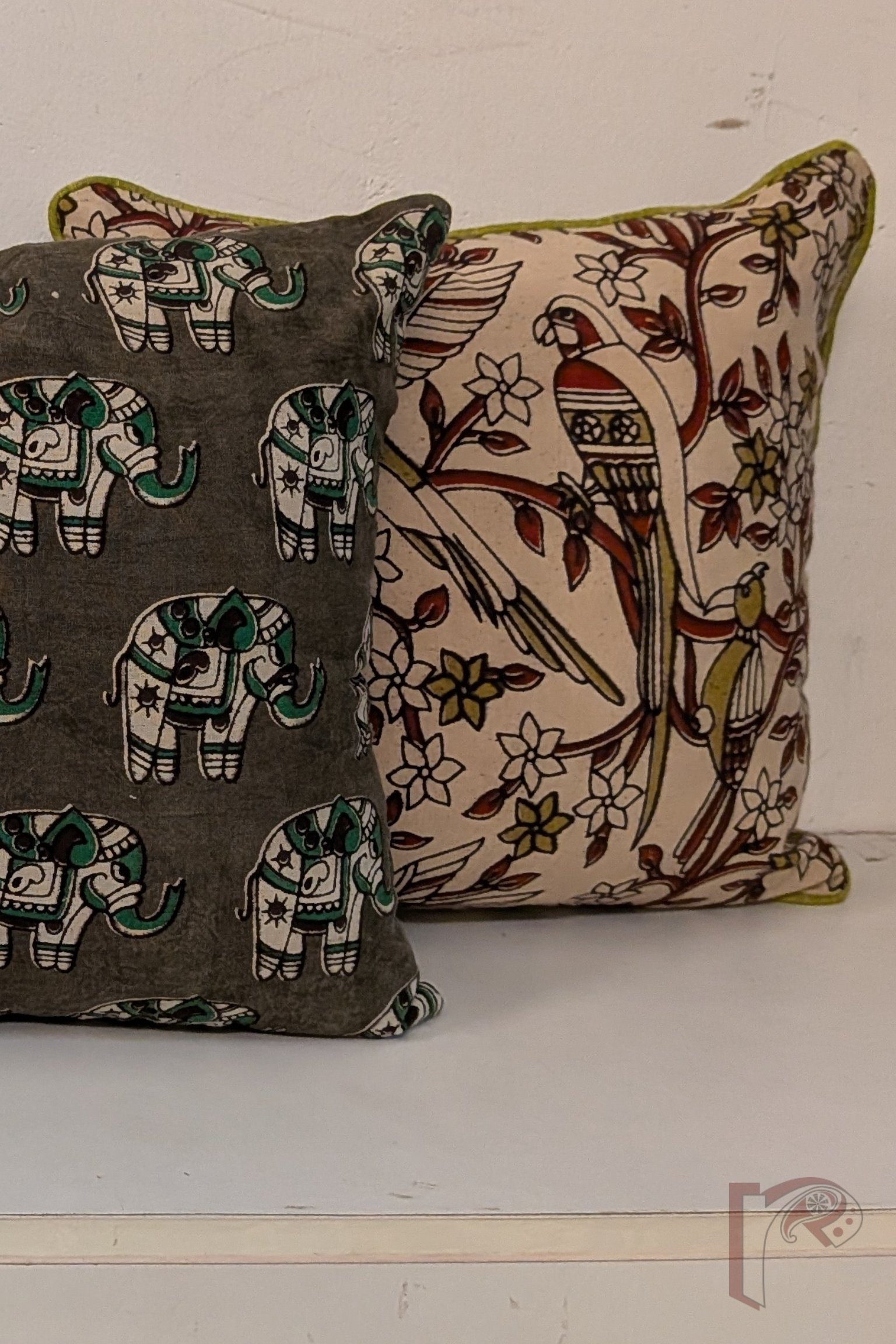 Cozy Cushion: Cream Kalamkari Bird Print with Maroon and Mehendi Green Detailing Cotton Cushion Cover 12" x 12" - Image 4