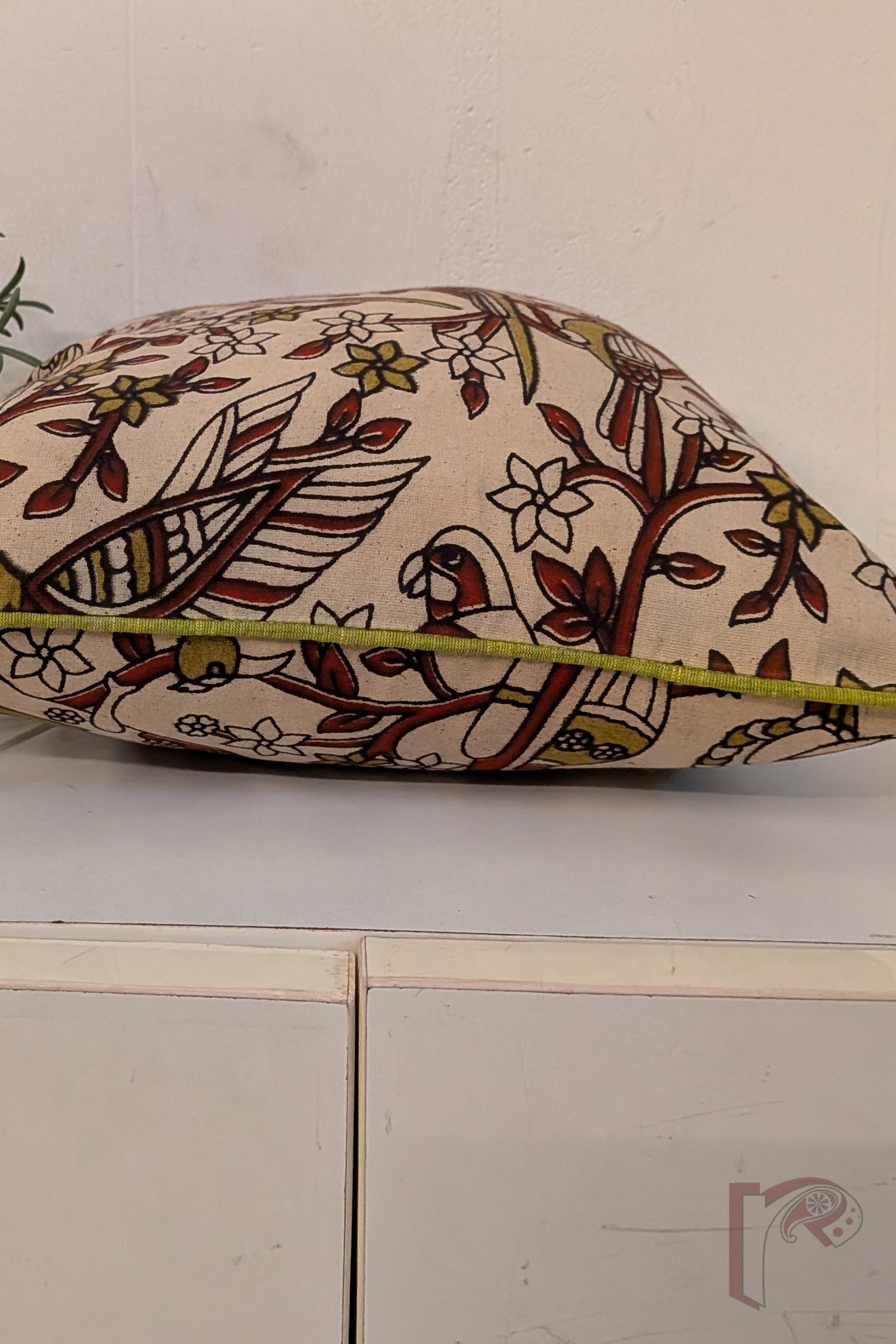Cozy Cushion: Cream Kalamkari Bird Print with Maroon and Mehendi Green Detailing Cotton Cushion Cover 12" x 12" - Image 5