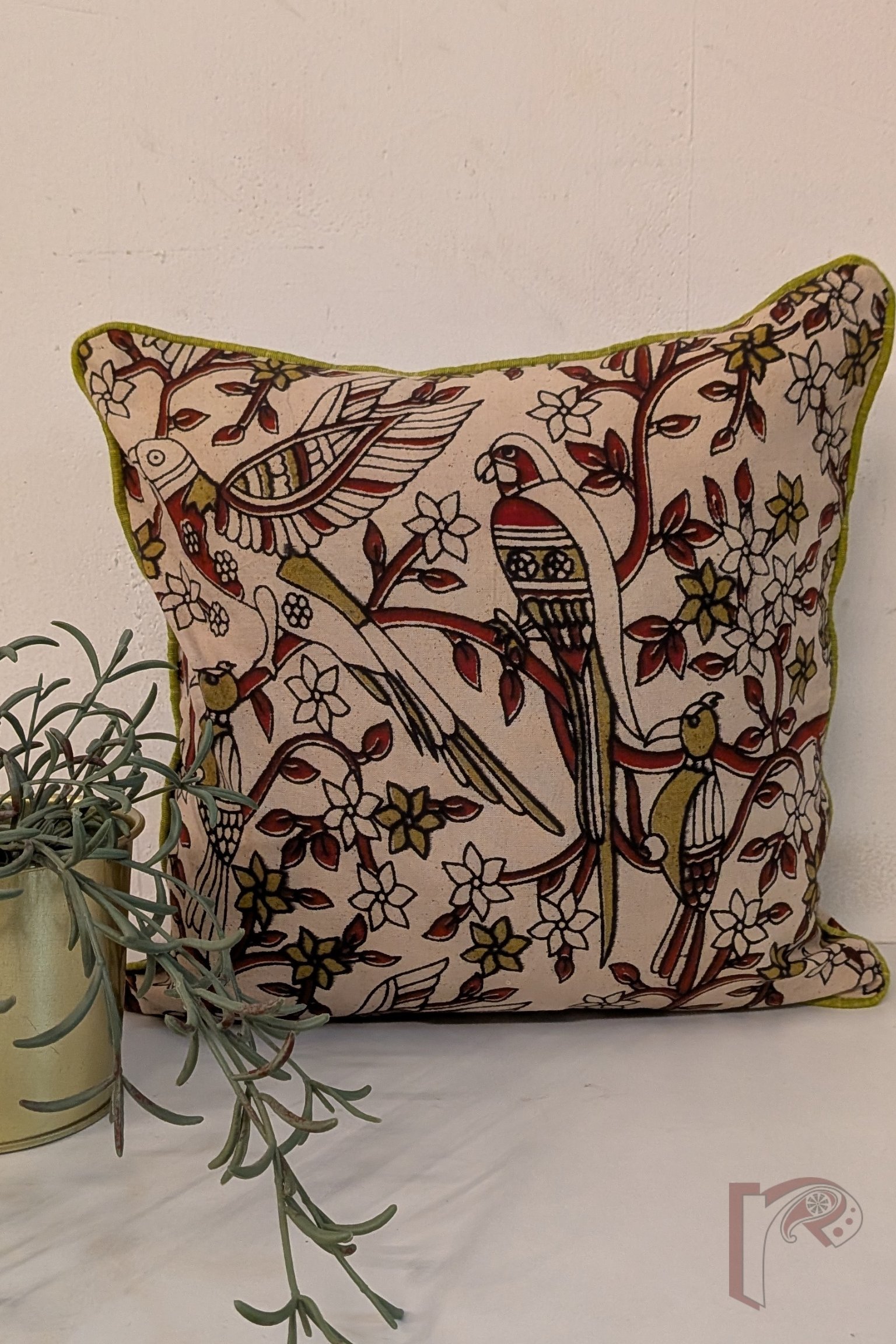 Cozy Cushion: Cream Kalamkari Bird Print with Maroon and Mehendi Green Detailing Cotton Cushion Cover 12" x 12"