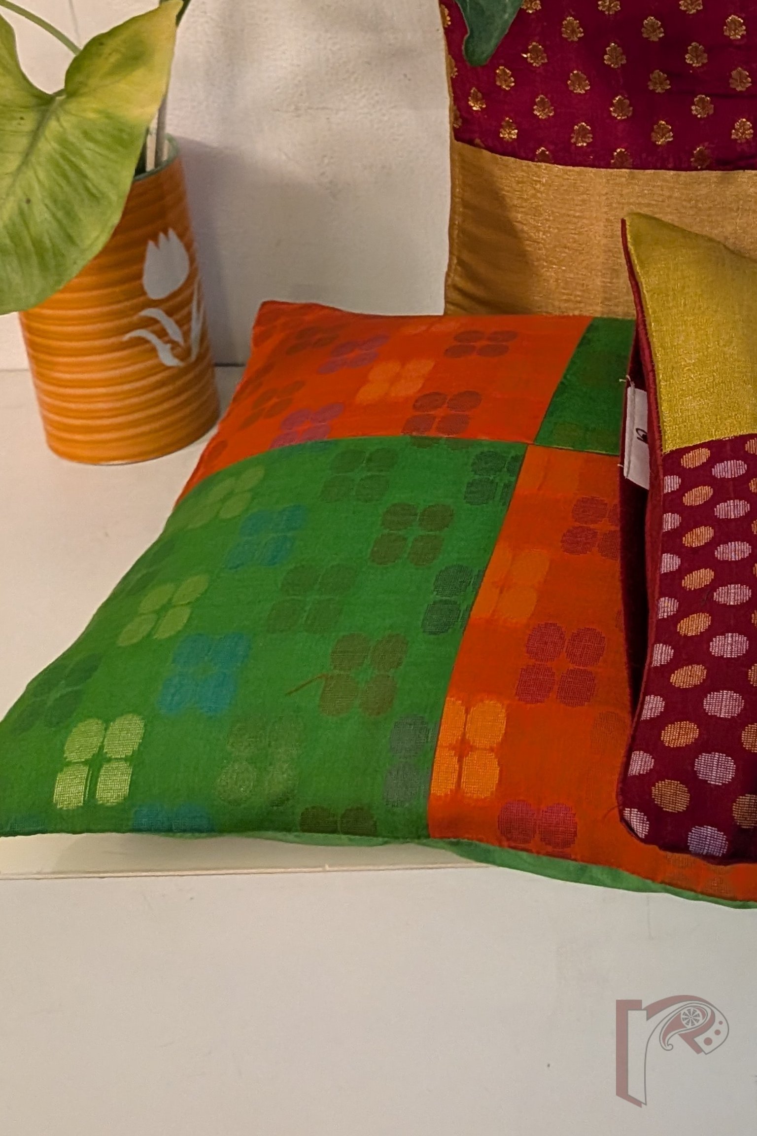 Cozy Cushion - Parrot Green & Orange Cotton Silk with Clustered Circle Motifs Cushion Cover 12" x 12" - Image 4