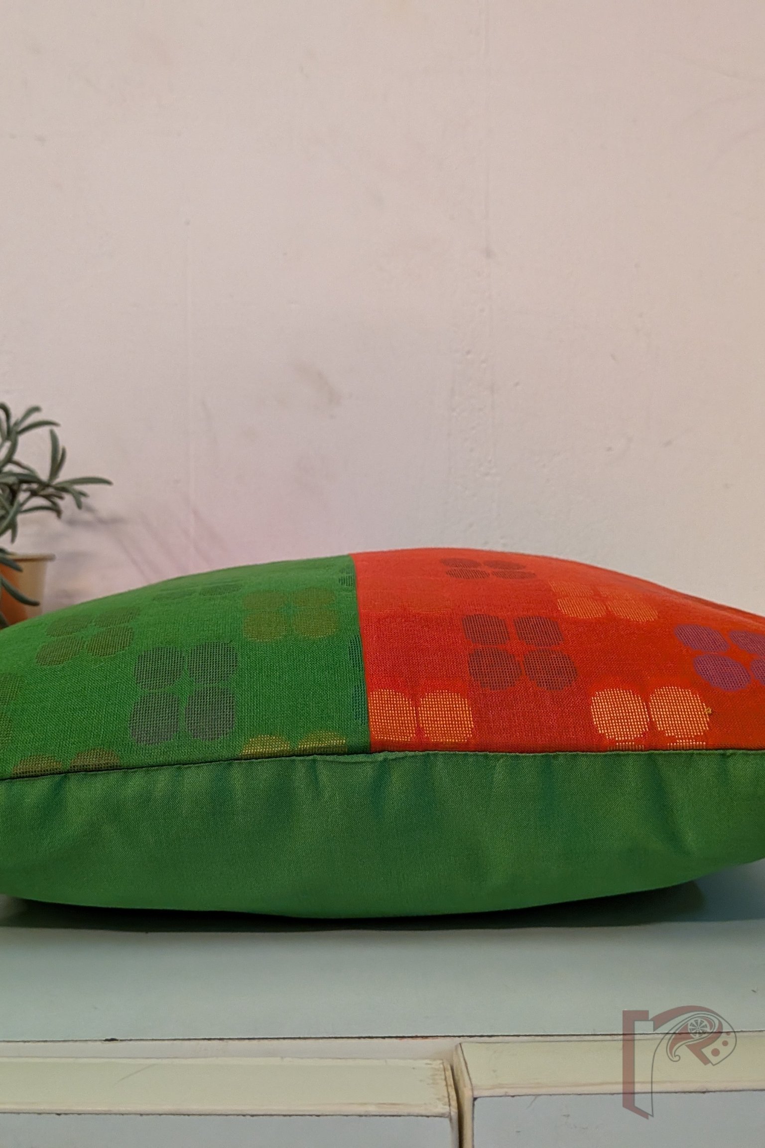 Cozy Cushion - Parrot Green & Orange Cotton Silk with Clustered Circle Motifs Cushion Cover 12" x 12" - Image 5