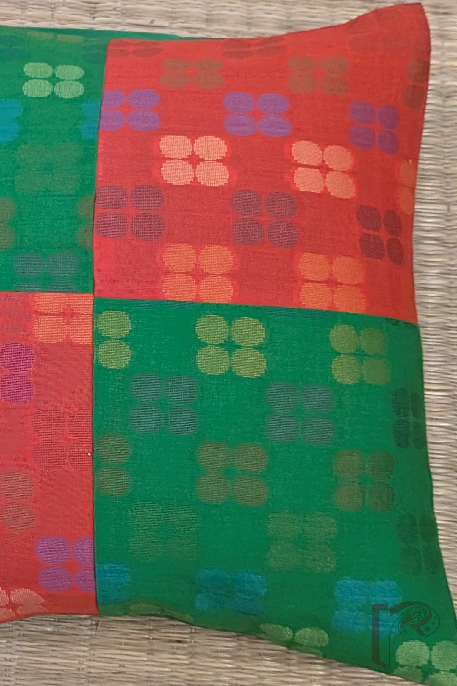 Cozy Cushion - Parrot Green & Orange Cotton Silk with Clustered Circle Motifs Cushion Cover 12" x 12" - Image 6