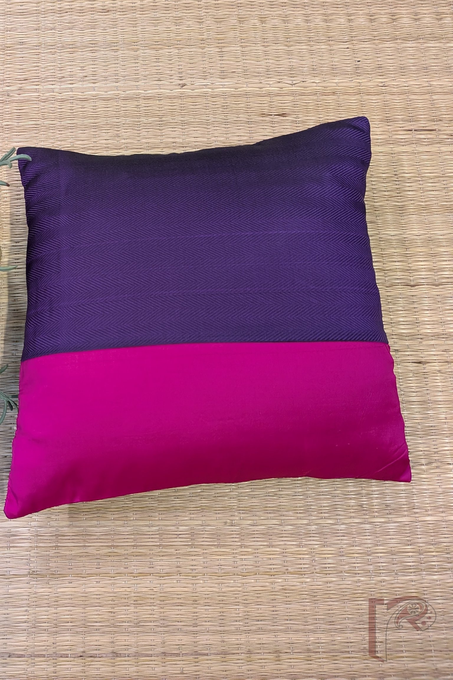 Cozy Cushion - Hot Pink Silk Pattu with Purple Herringbone Jacquard Weave Cushion Cover 12" x 12" - Image 2