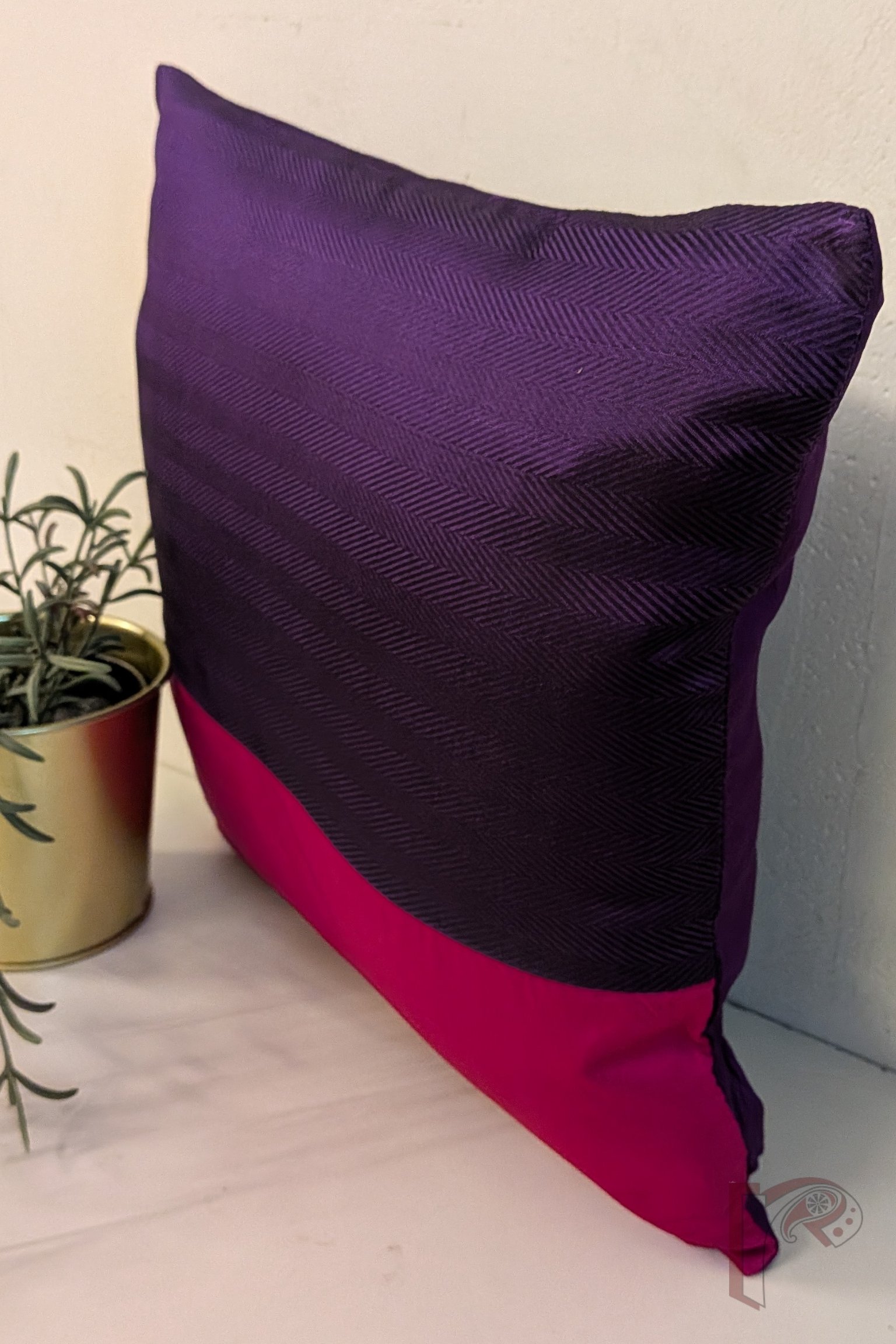 Cozy Cushion - Hot Pink Silk Pattu with Purple Herringbone Jacquard Weave Cushion Cover 12" x 12" - Image 3