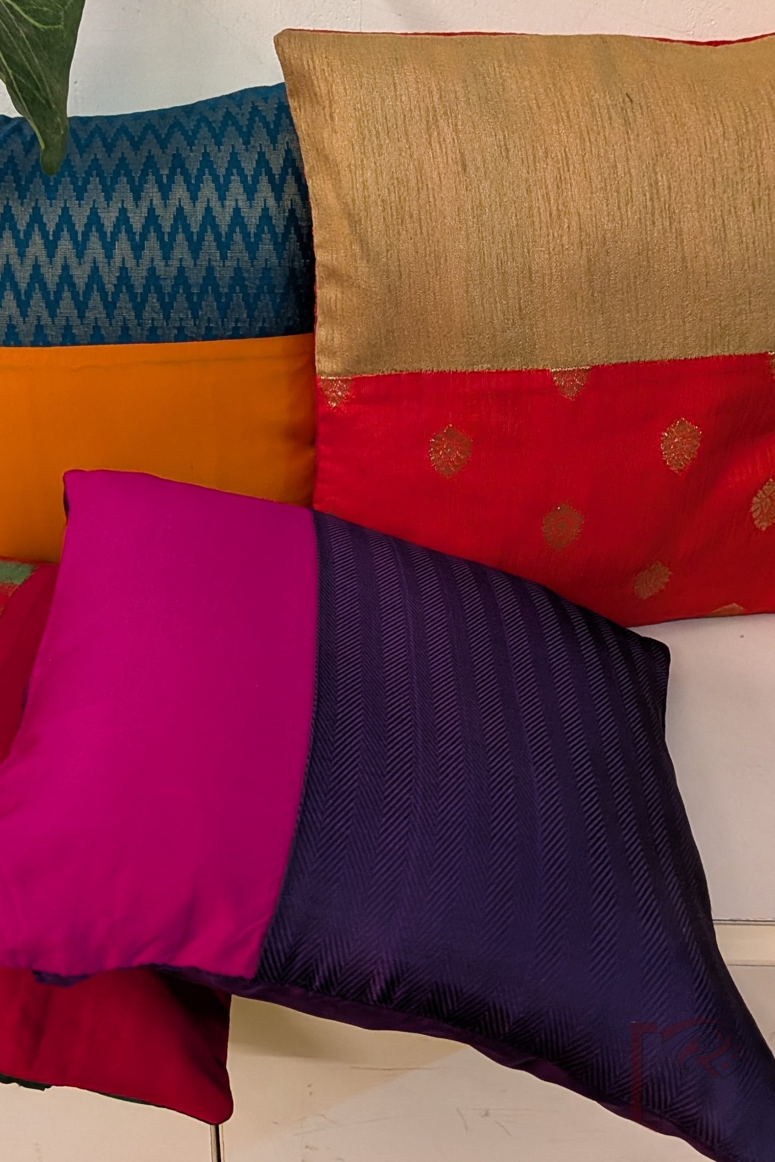 Cozy Cushion - Hot Pink Silk Pattu with Purple Herringbone Jacquard Weave Cushion Cover 12" x 12" - Image 4