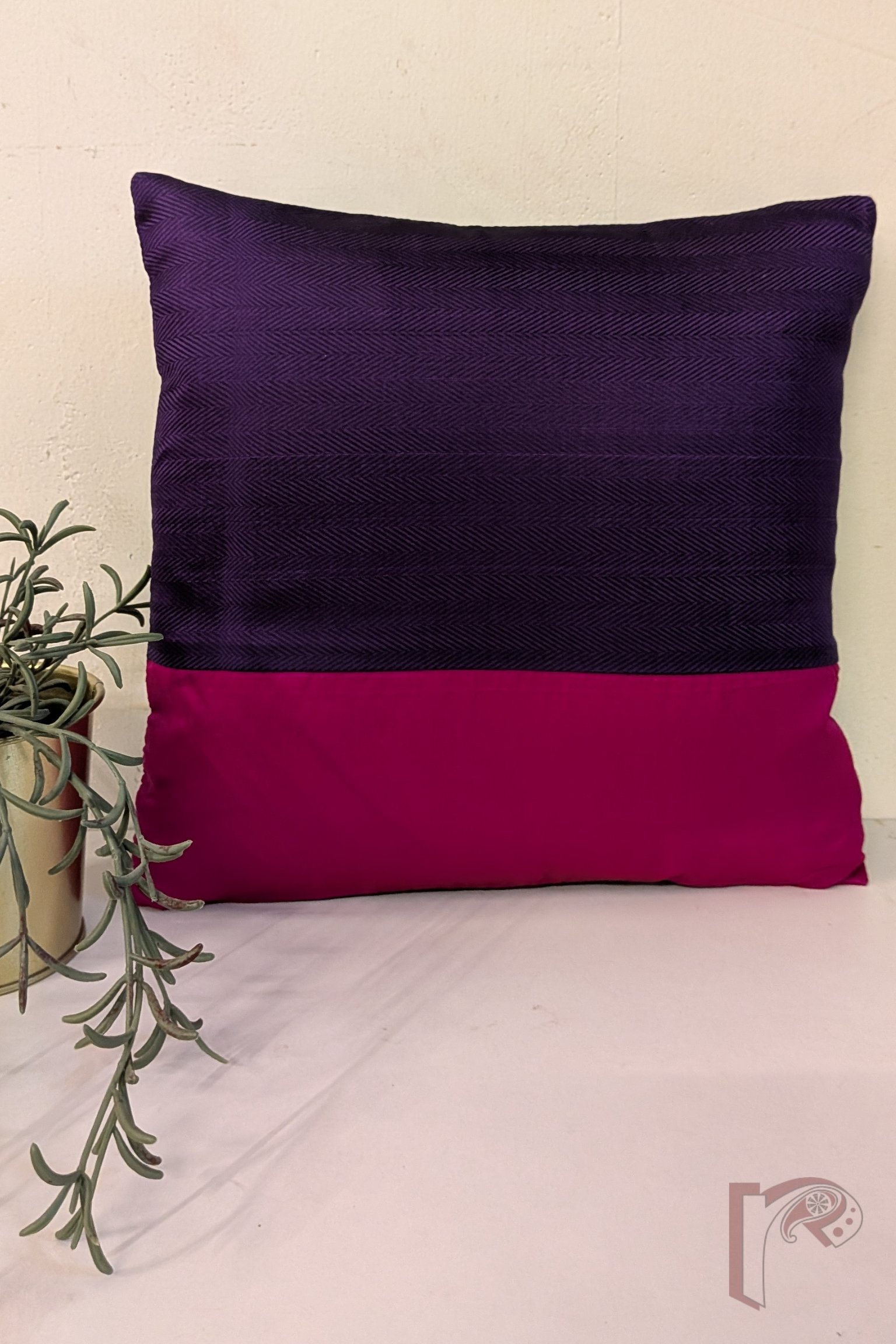 Cozy Cushion - Hot Pink Silk Pattu with Purple Herringbone Jacquard Weave Cushion Cover 12" x 12"