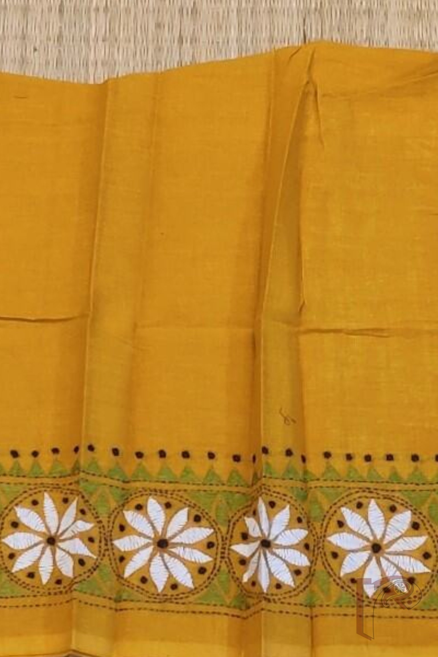 Mustard Yellow Cotton Blouse with Green, White, and Black Long Border Kantha Embroidery – Unstitched Fabric - Image 4