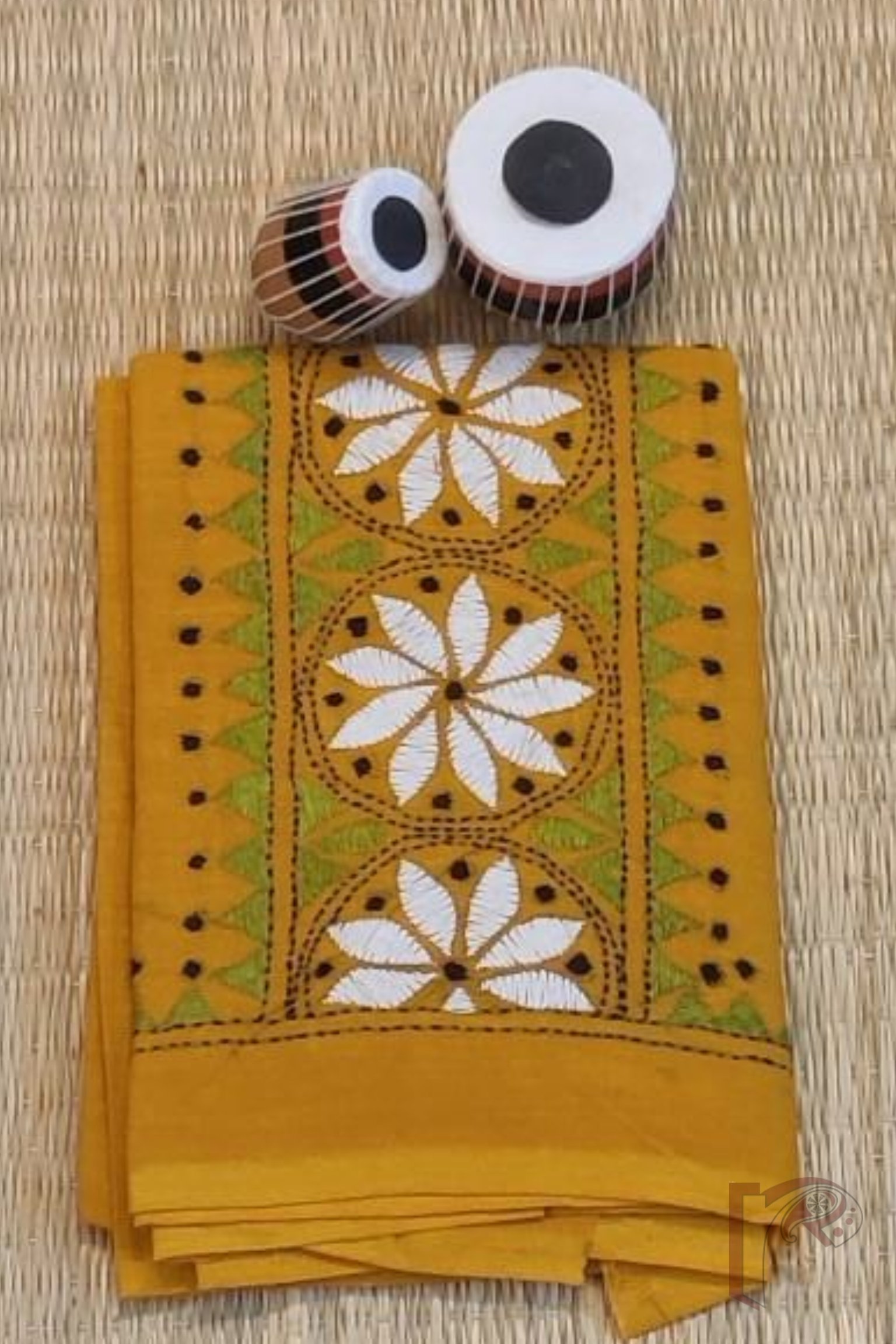 Mustard Yellow Cotton Blouse with Green, White, and Black Long Border Kantha Embroidery – Unstitched Fabric