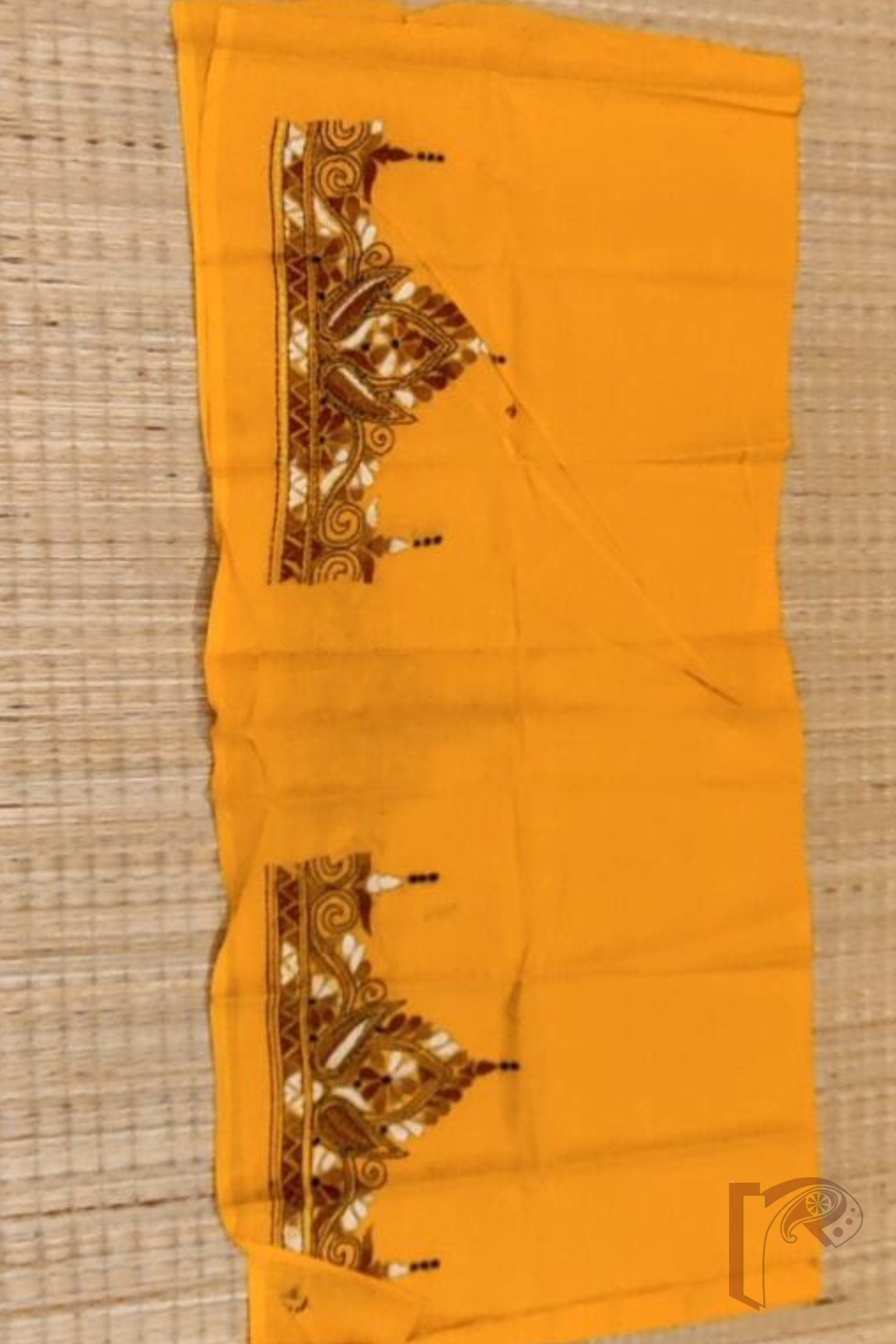 Mango Yellow Cotton Blouse with Traditional Bengal Motif Embroidery in Brown and Offwhite – Unstitched Fabric - Image 2