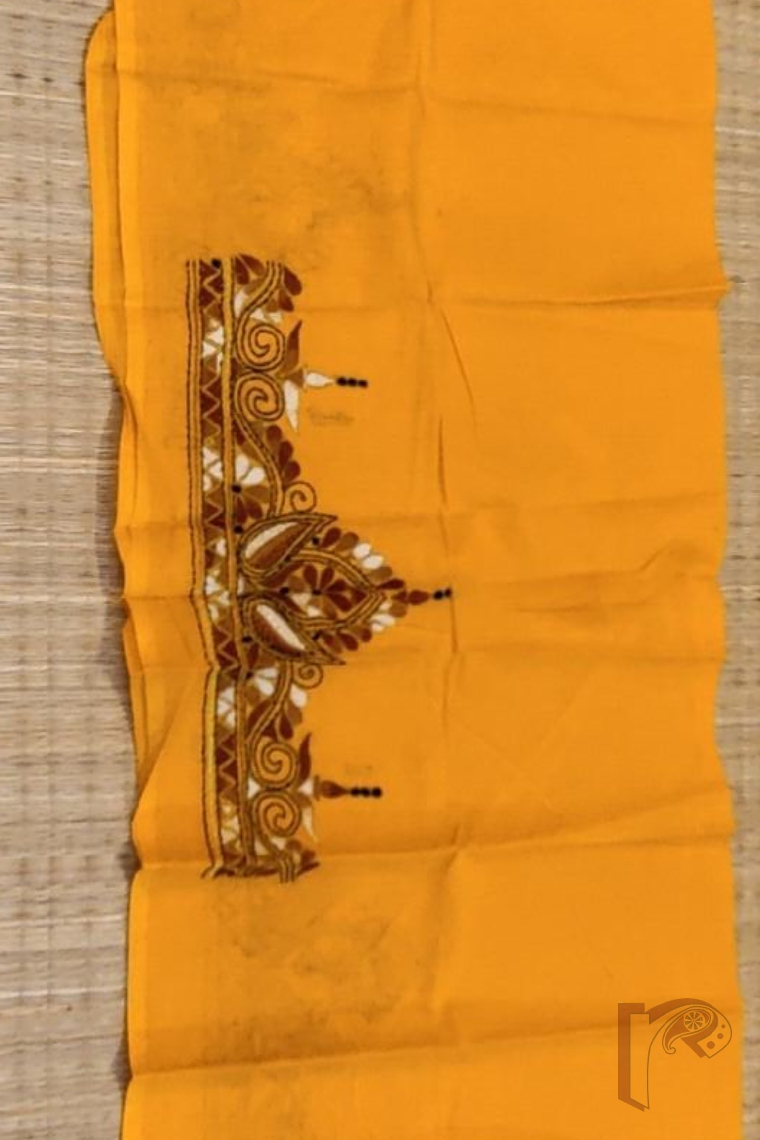 Mango Yellow Cotton Blouse with Traditional Bengal Motif Embroidery in Brown and Offwhite – Unstitched Fabric - Image 3