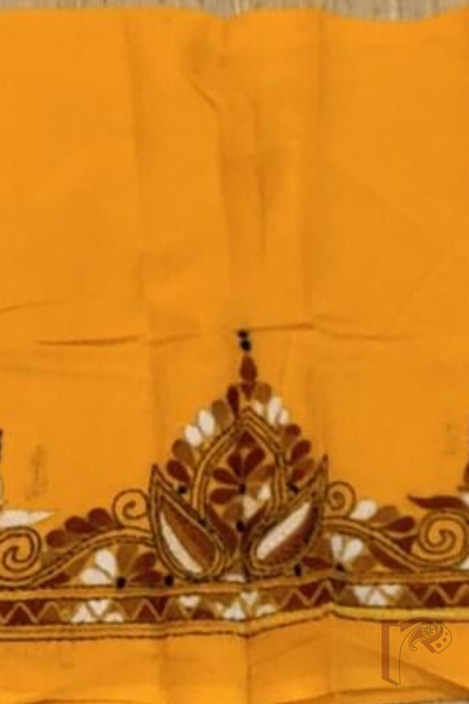 Mango Yellow Cotton Blouse with Traditional Bengal Motif Embroidery in Brown and Offwhite – Unstitched Fabric - Image 4