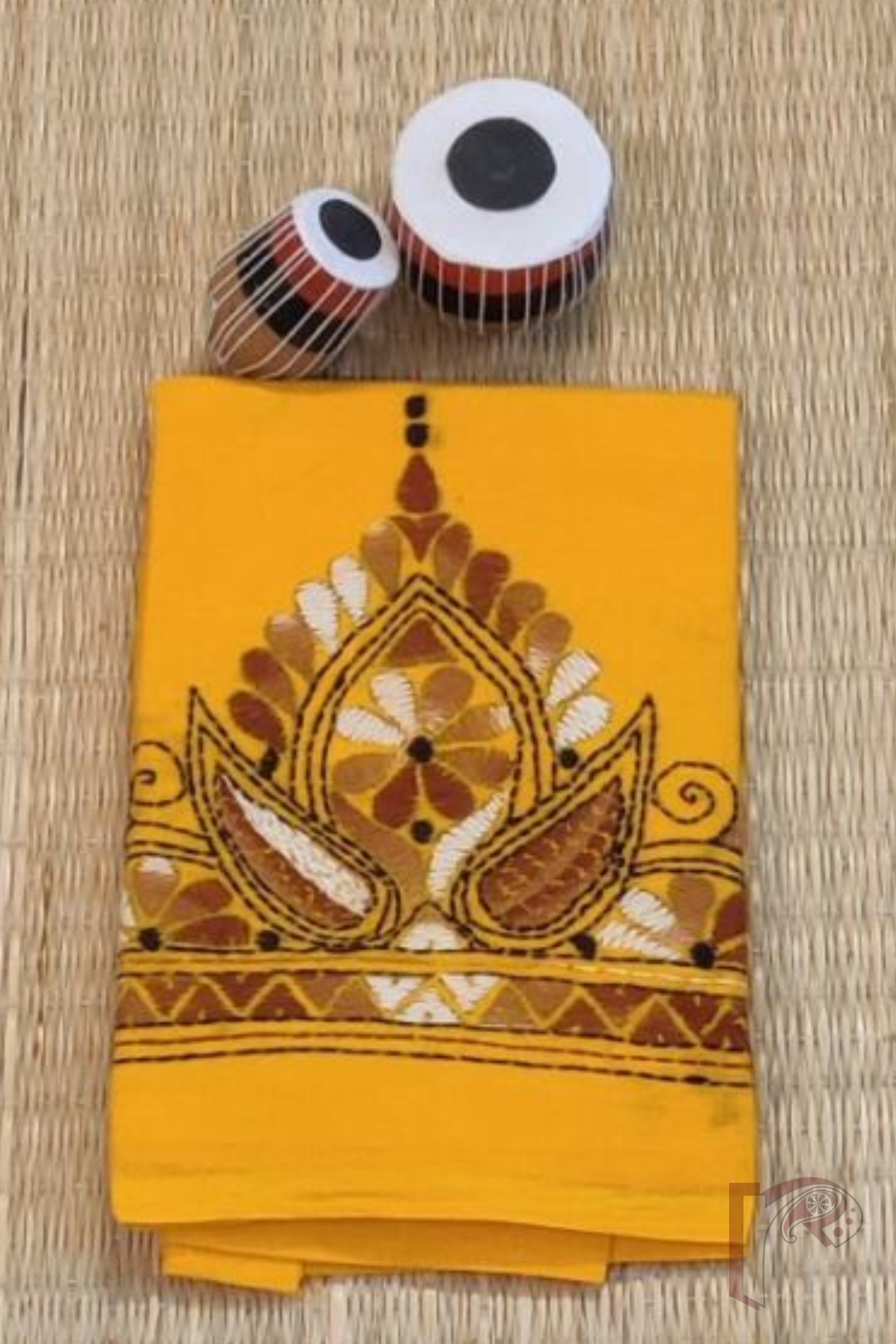 Mango Yellow Cotton Blouse with Traditional Bengal Motif Embroidery in Brown and Offwhite – Unstitched Fabric