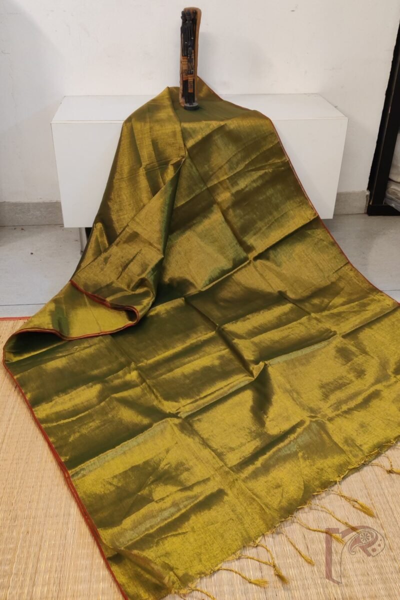 Majestic Khadi:Light Mehendi Green Khadi Tissue Saree with Thin Red Border - Image 2