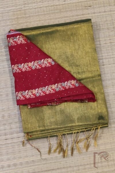 Majestic Khadi:Light Mehendi Green Khadi Tissue Saree with Thin Red Border