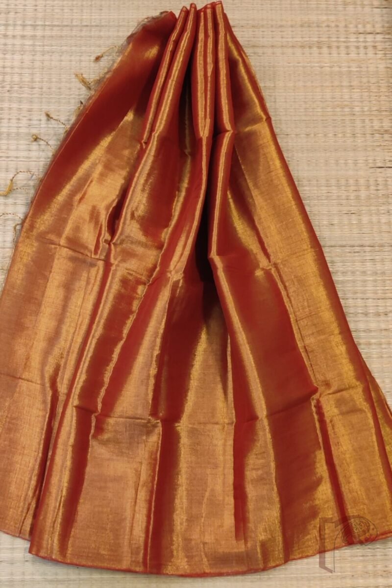 Majestic Khadi: Orange Tissue Saree with Thin Red Border - Image 3