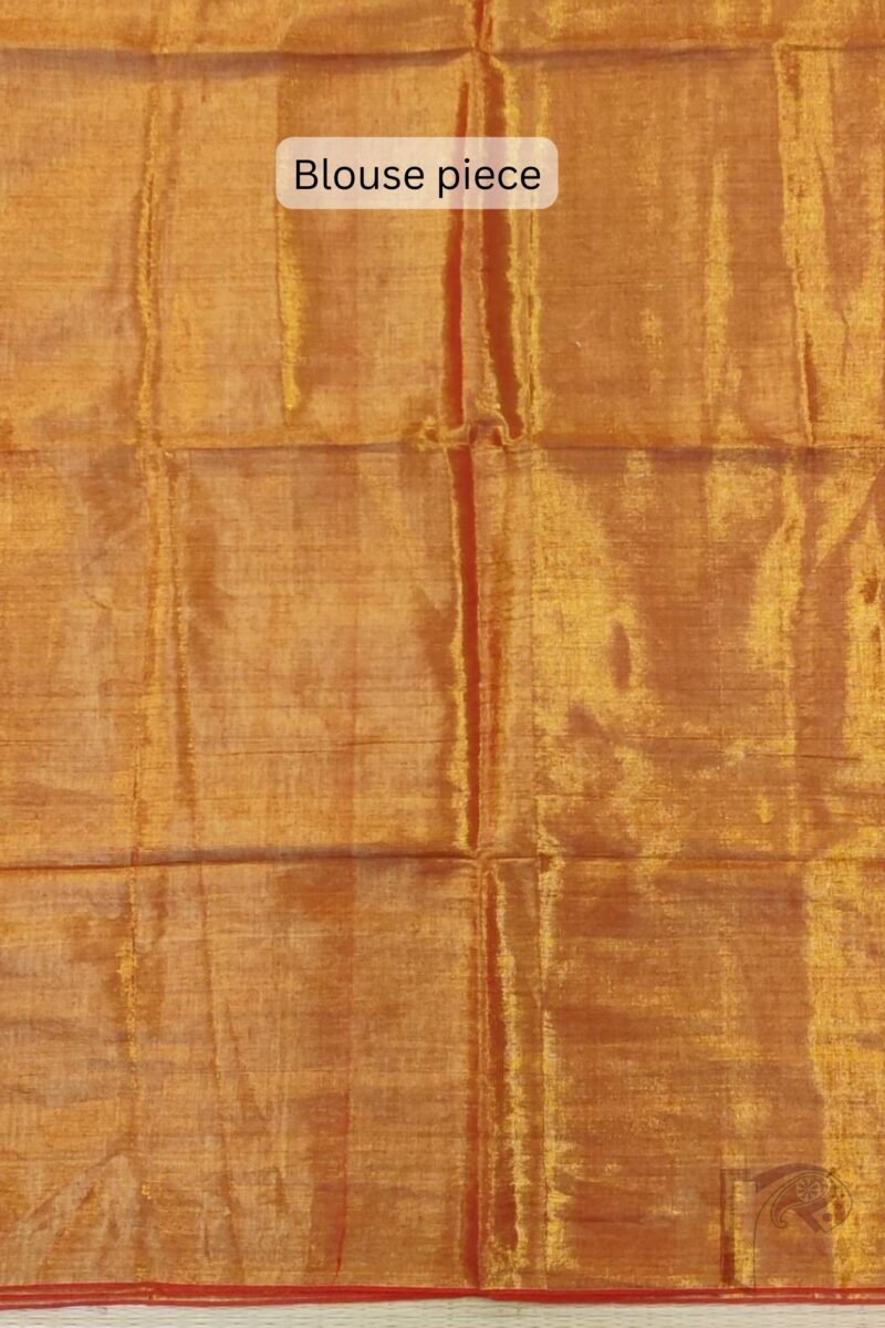 Majestic Khadi: Orange Tissue Saree with Thin Red Border - Image 5