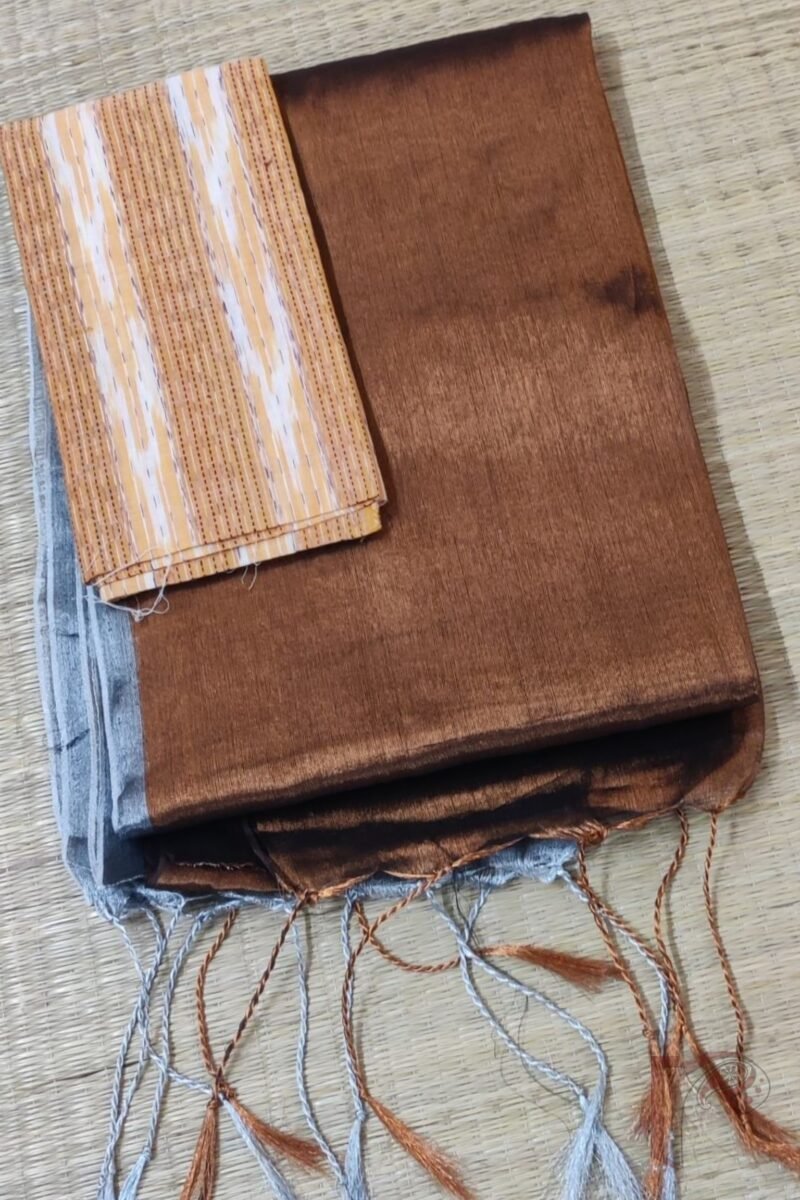 Majestic Khadi: Grey and Bronze Dual Colour Khadi Tissue Saree without Border
