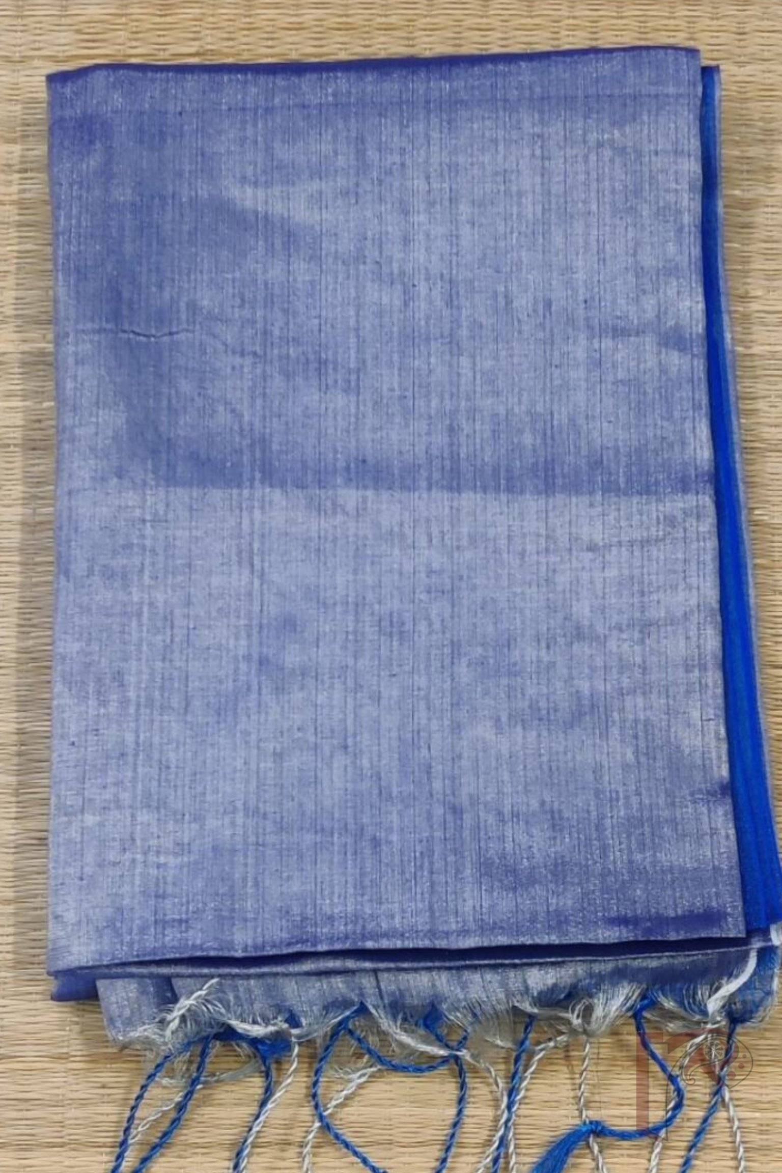 Majestic Khadi: Light Blueish Grey and Blue Dual Colour Khadi Tissue Saree without Border - Image 4