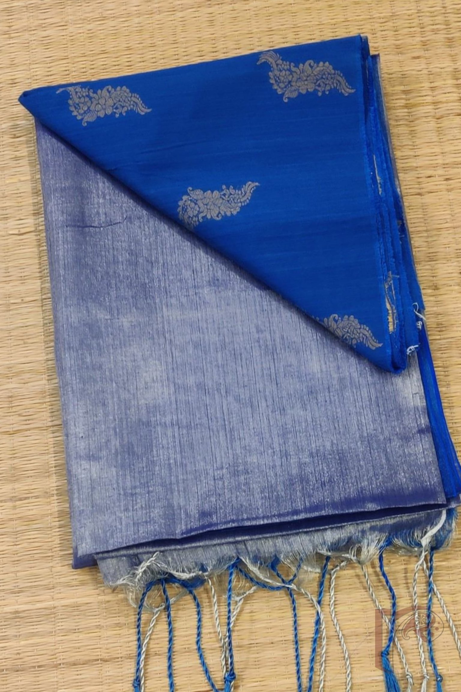 Majestic Khadi: Light Blueish Grey and Blue Dual Colour Khadi Tissue Saree without Border