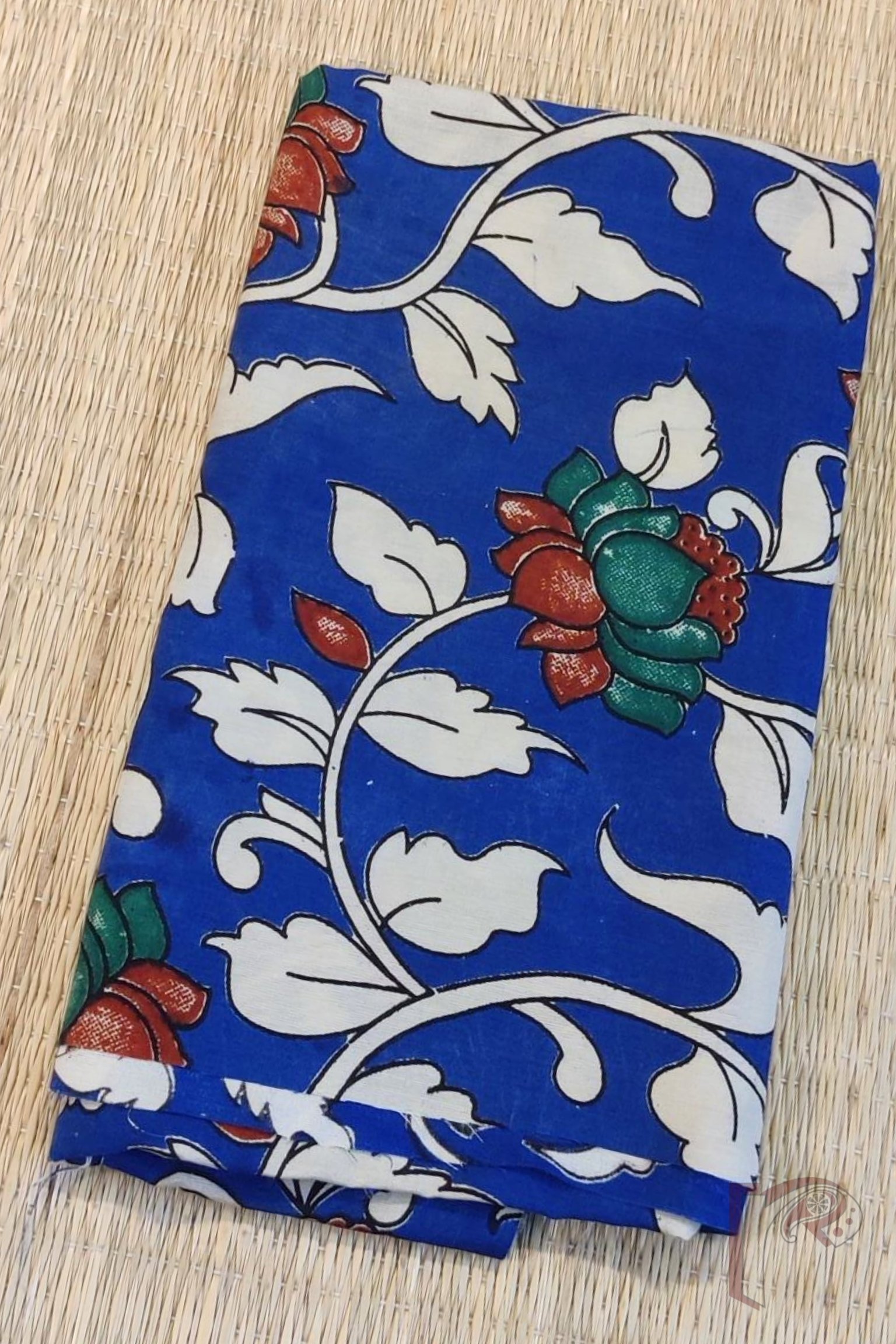 Blue Mercerized Cotton Silk Kalamkari Blouse with Cream Leaf and Maroon-Green Lotus Motif - Image 2