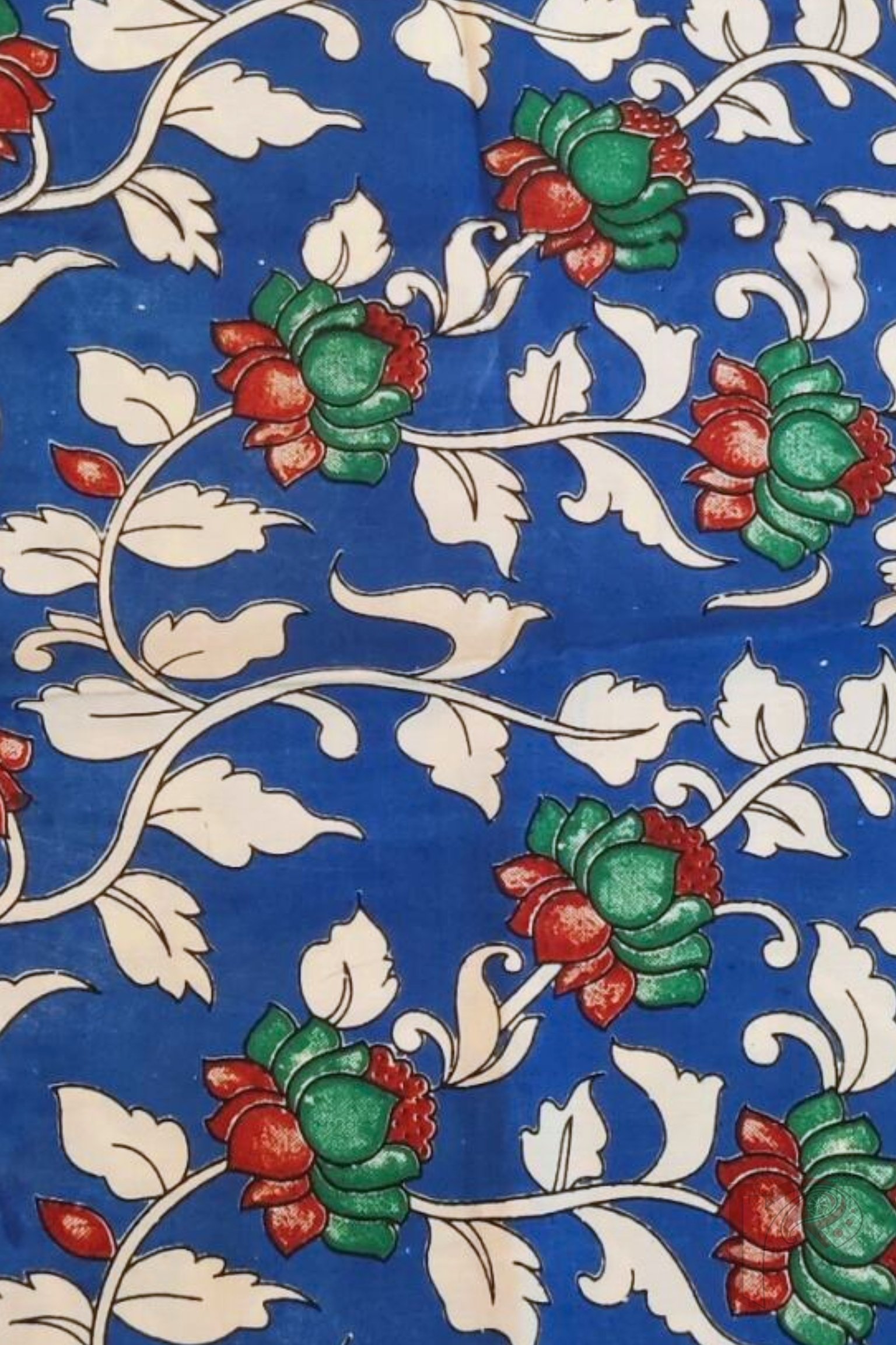 Blue Mercerized Cotton Silk Kalamkari Blouse with Cream Leaf and Maroon-Green Lotus Motif - Image 3