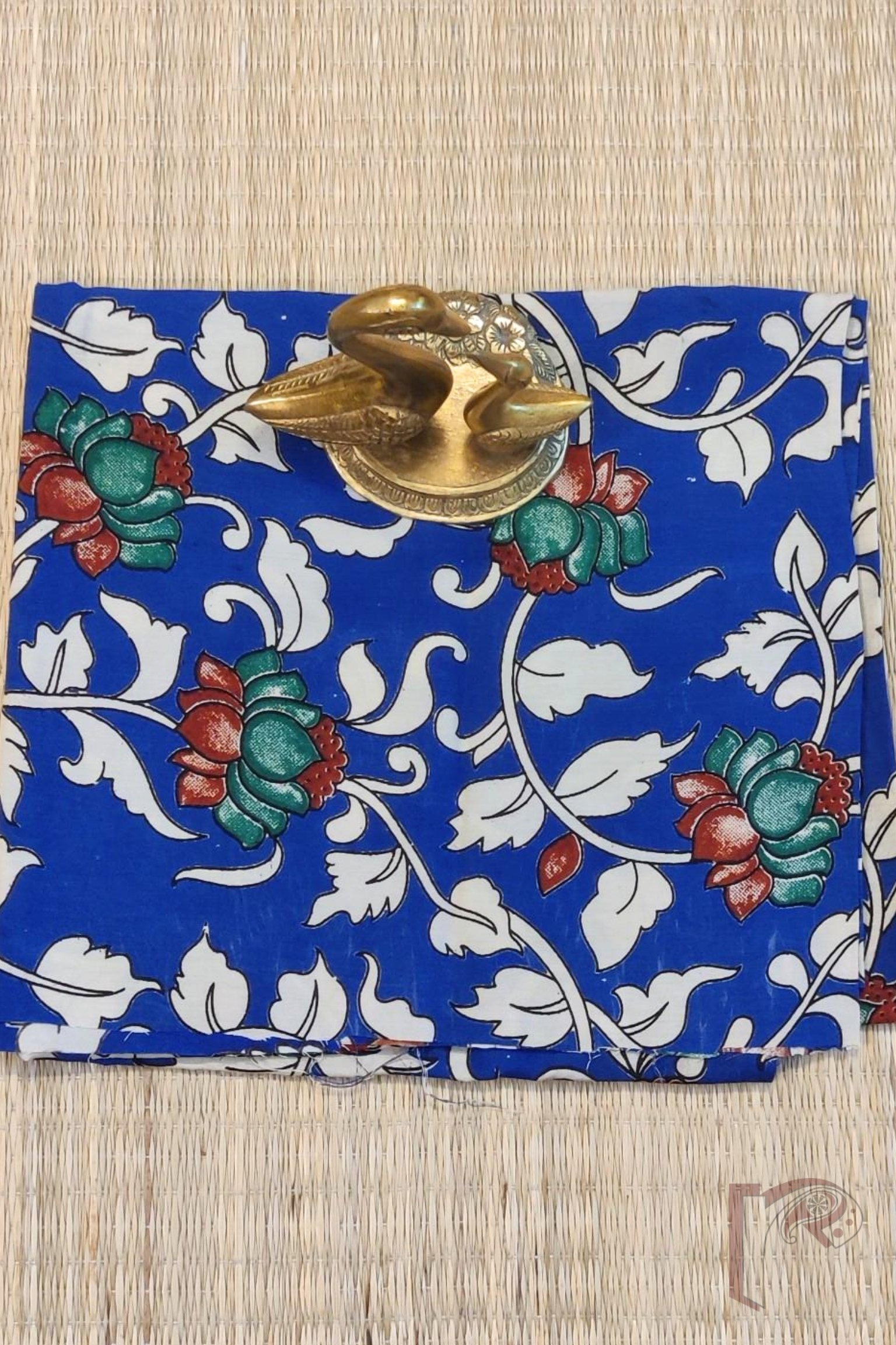 Blue Mercerized Cotton Silk Kalamkari Blouse with Cream Leaf and Maroon-Green Lotus Motif