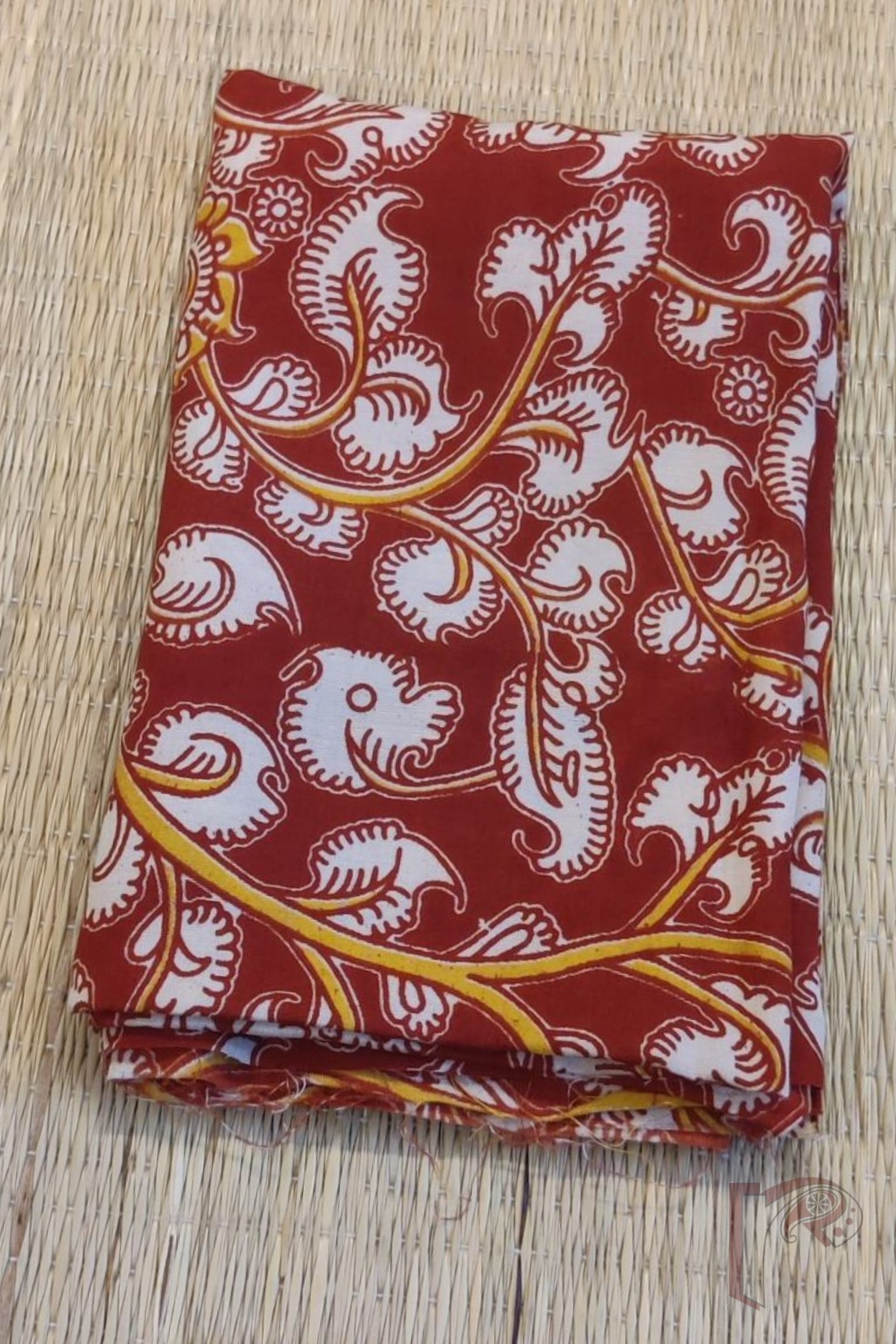 Bright Maroon Mercerized Cotton Silk Kalamkari Blouse with Traditional Leaf and Flower Print in Cream and Yellow - Image 2