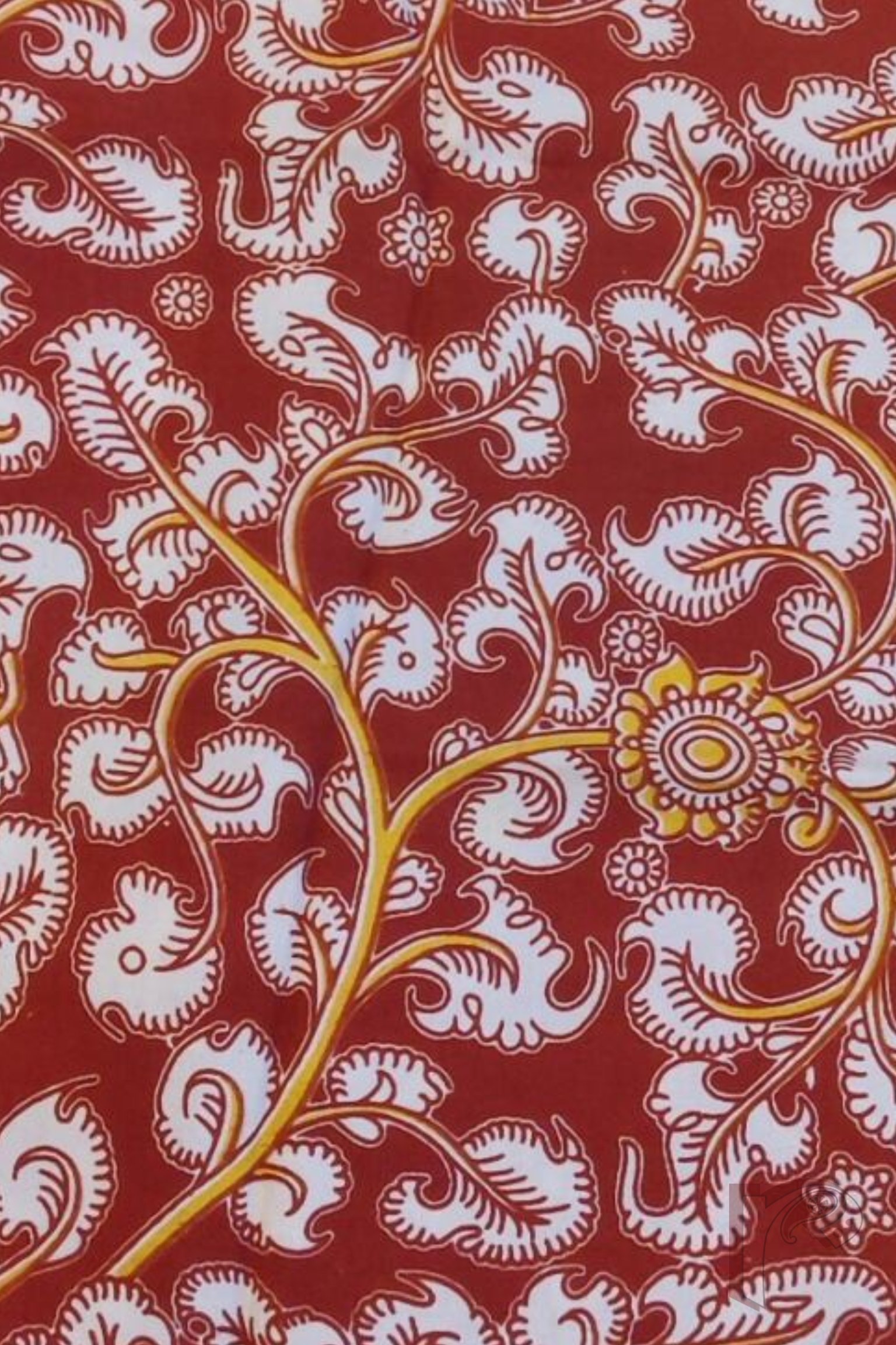 Bright Maroon Mercerized Cotton Silk Kalamkari Blouse with Traditional Leaf and Flower Print in Cream and Yellow - Image 3