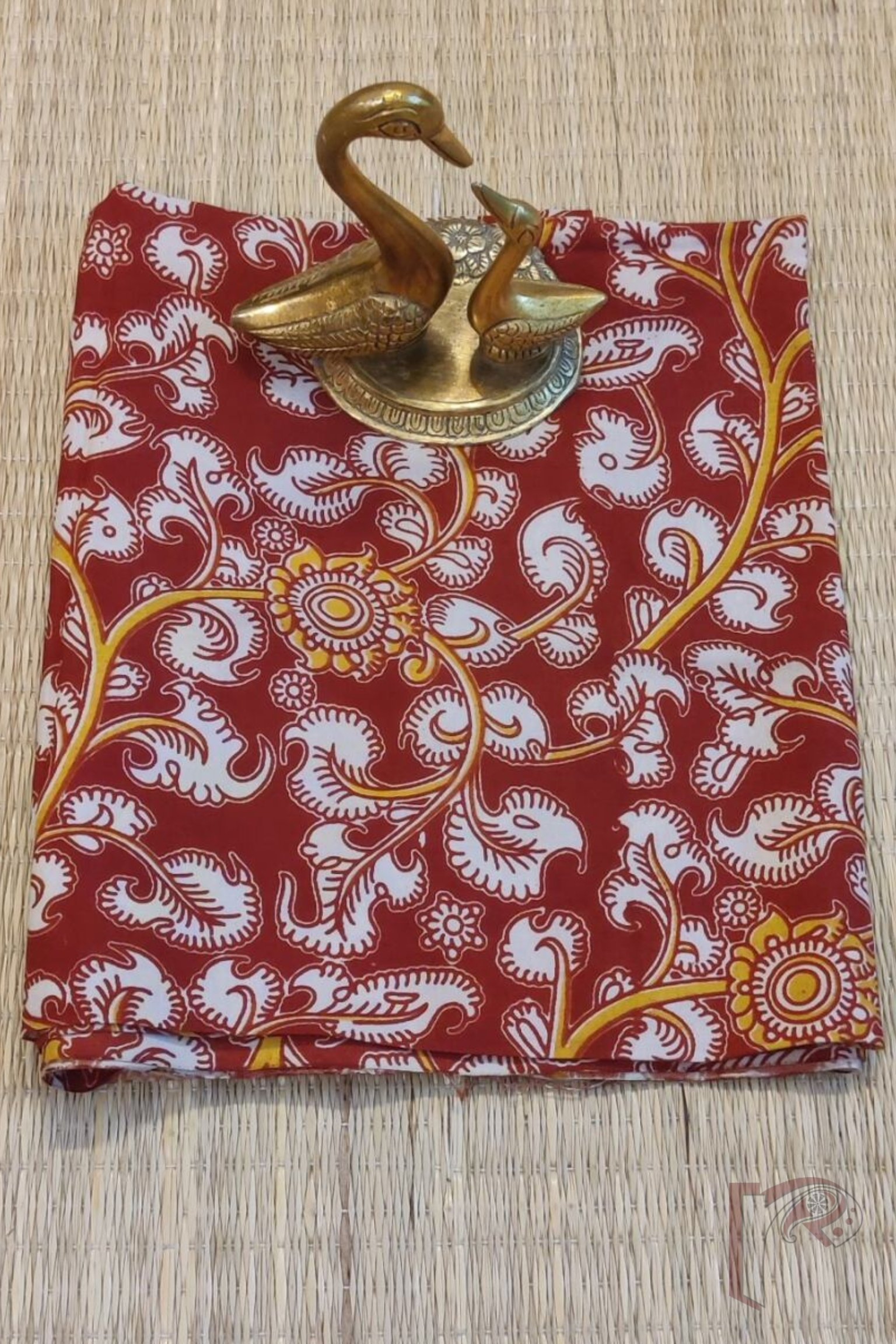 Bright Maroon Mercerized Cotton Silk Kalamkari Blouse with Traditional Leaf and Flower Print in Cream and Yellow