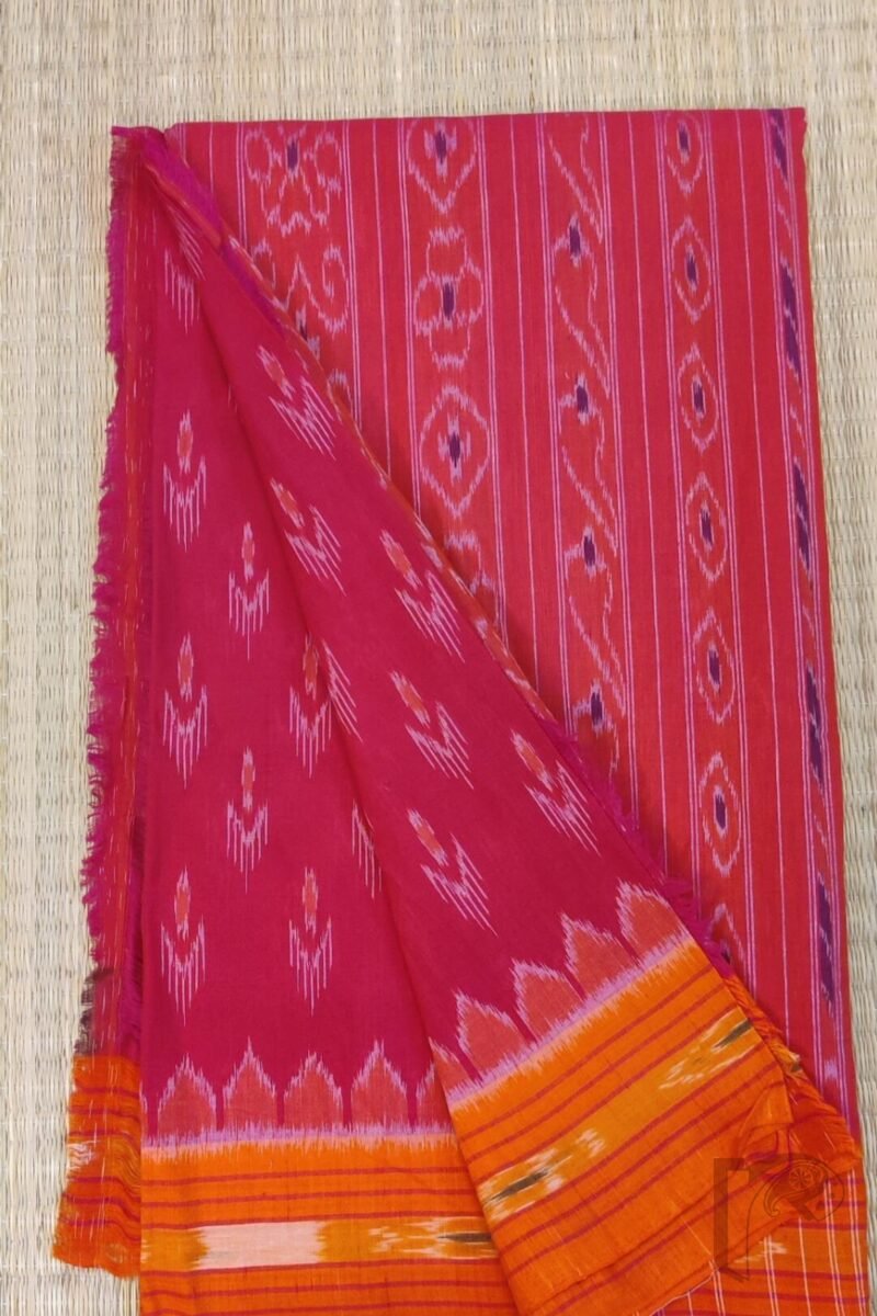 Sambhalpuri Saga - Hot Pink Sambhalpuri Cotton Saree with Orange Borders and Ikat Motifs - Image 4