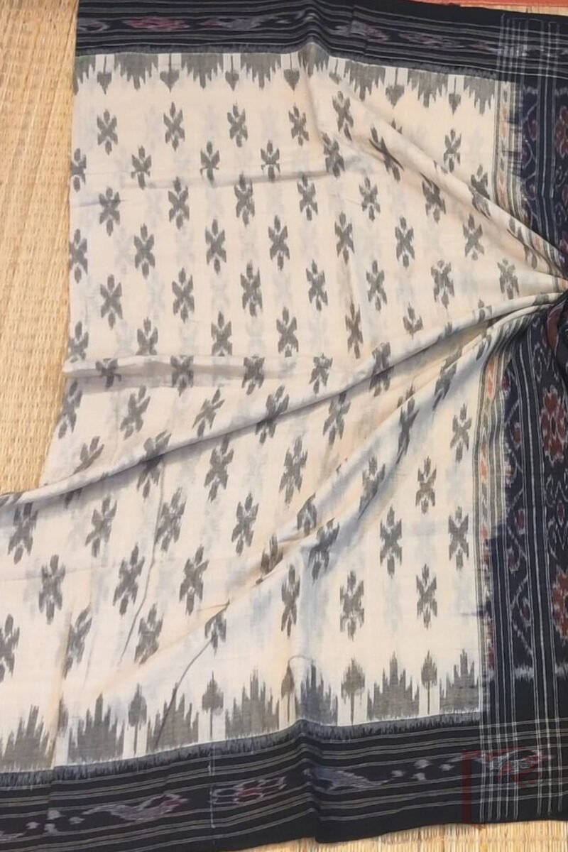 Sambhalpuri Saga - Off-White Sambhalpuri Cotton Saree with Black Border and Traditional Woven Pallu - Image 3
