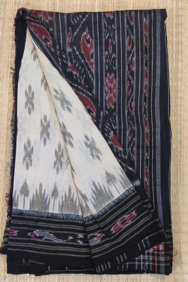 Sambhalpuri Saga - Off-White Sambhalpuri Cotton Saree with Black Border and Traditional Woven Pallu - Image 4