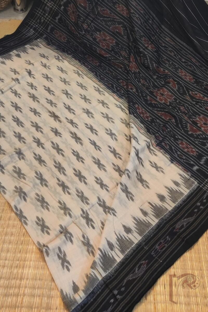 Sambhalpuri Saga - Off-White Sambhalpuri Cotton Saree with Black Border and Traditional Woven Pallu - Image 5
