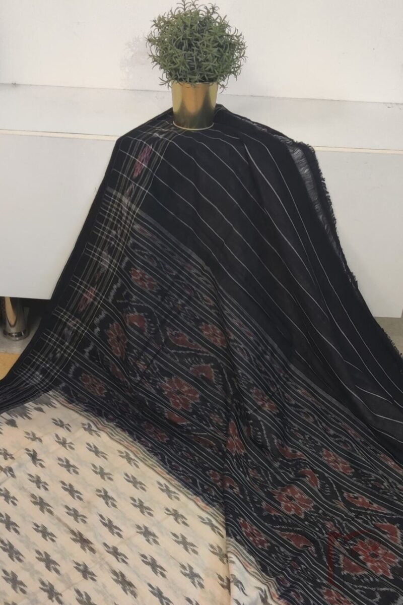 Sambhalpuri Saga - Off-White Sambhalpuri Cotton Saree with Black Border and Traditional Woven Pallu