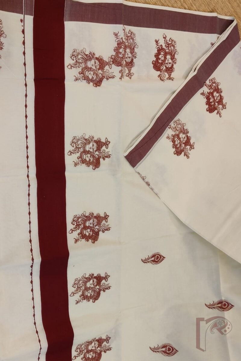 Kasavu Krithi - Off-White Cotton Kasavu Saree with Krishna and Radha Print and Maroon Border Saree - Image 3