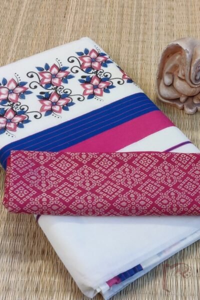 Kasavu Krithi - Off-White Cotton Kasavu Saree with Hot Pink and Blue Floral Border and Pink Pallu Stripe Saree